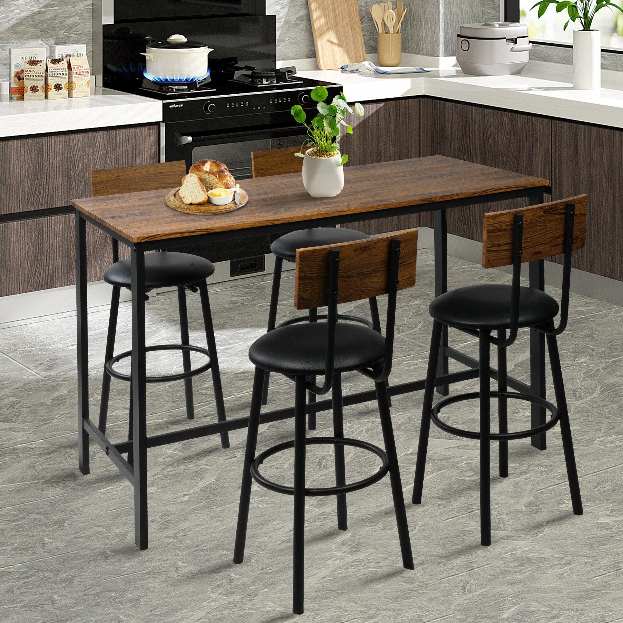 5 Piece Dining Bar Table Set with 4 Upholstered Bar Stools, Mid Century Pub Stool Dining Table for 4, Rustic Brown - Bosonshop