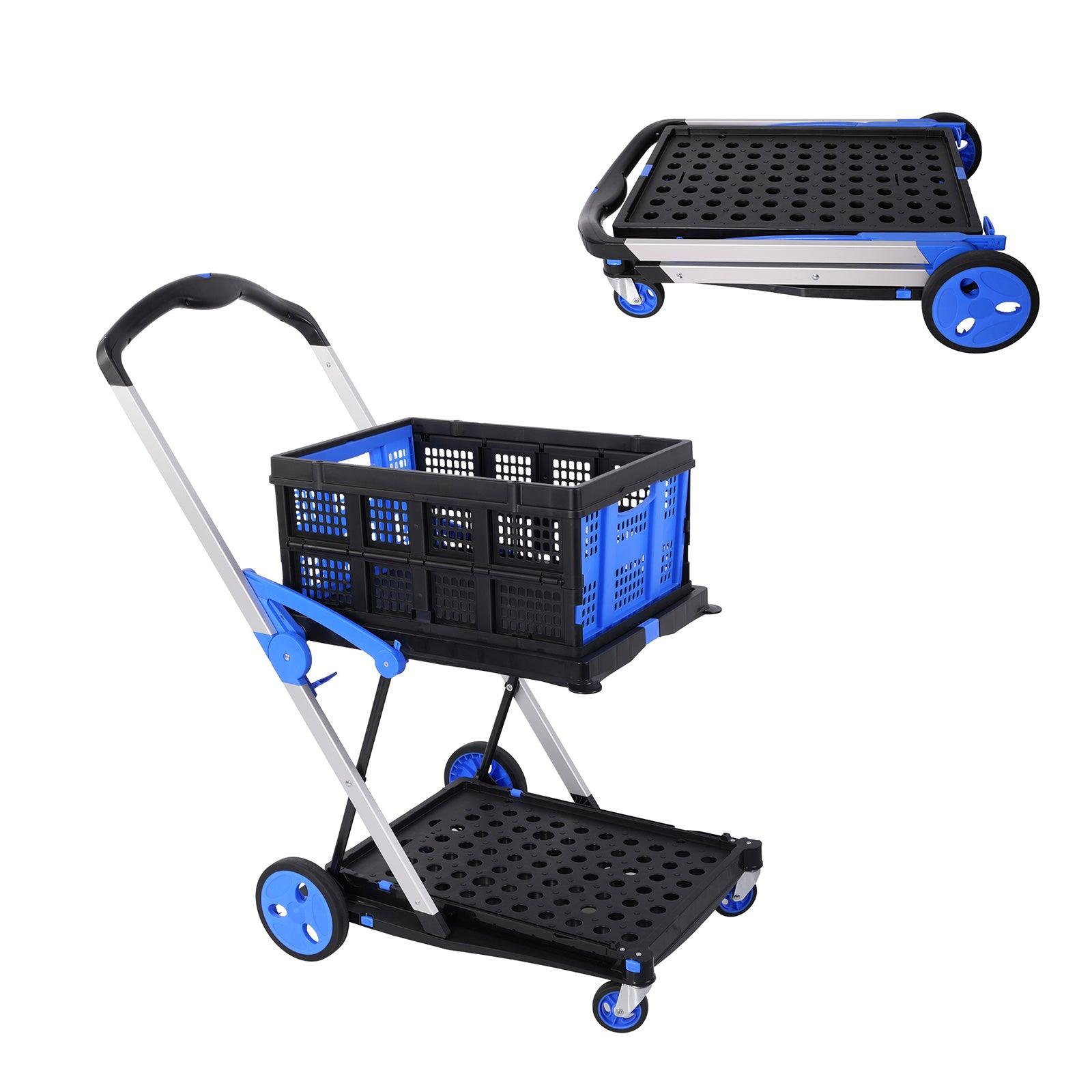 2-Tier Collapsible Cart with Crate Multi-Functional Foldable Trolley with Rolling Swivel Wheels - Bosonshop