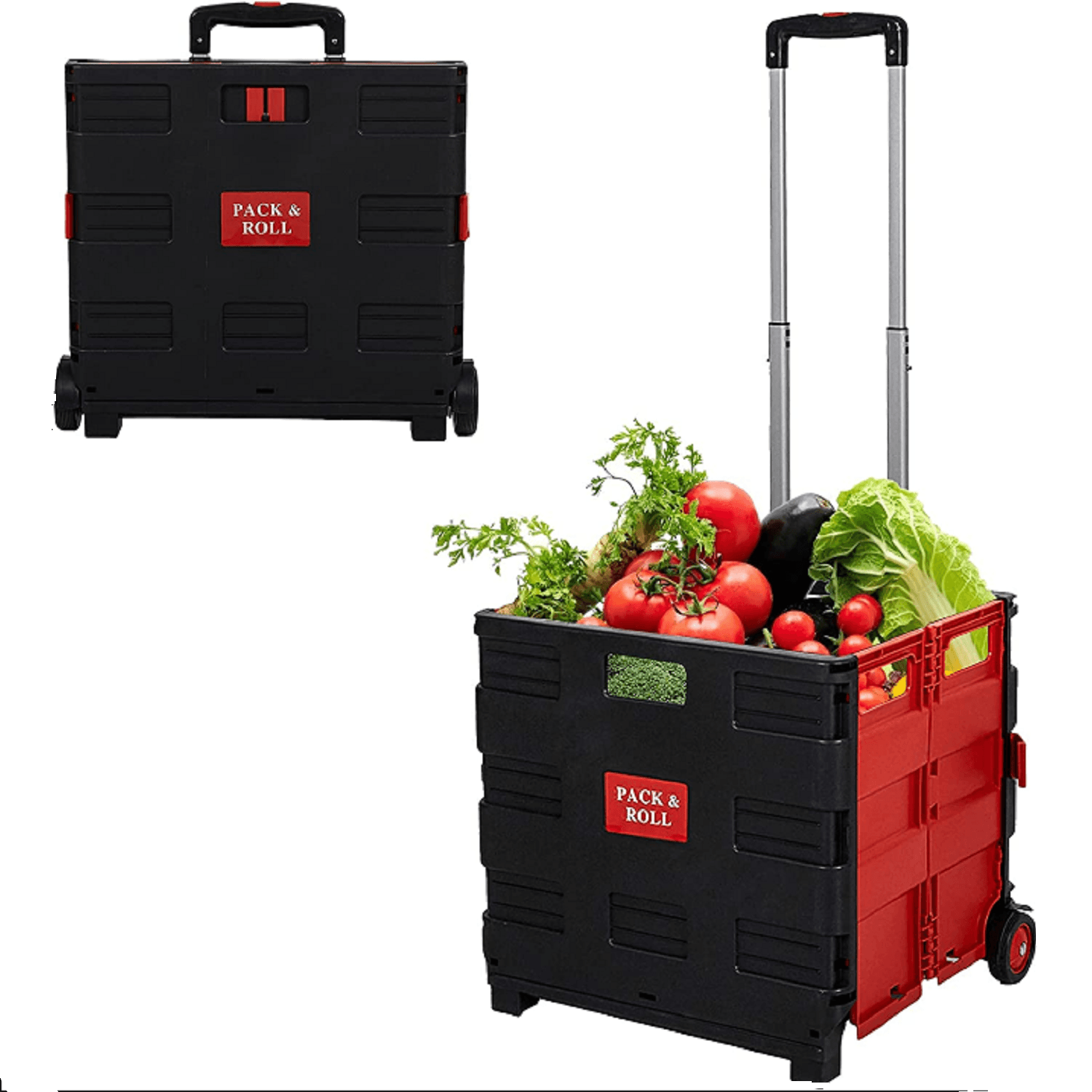 6 Pack Collapsible Rolling Crate Utility Cart 56L Foldable Grocery Cart with Wheels (Red, Large) - Bosonshop