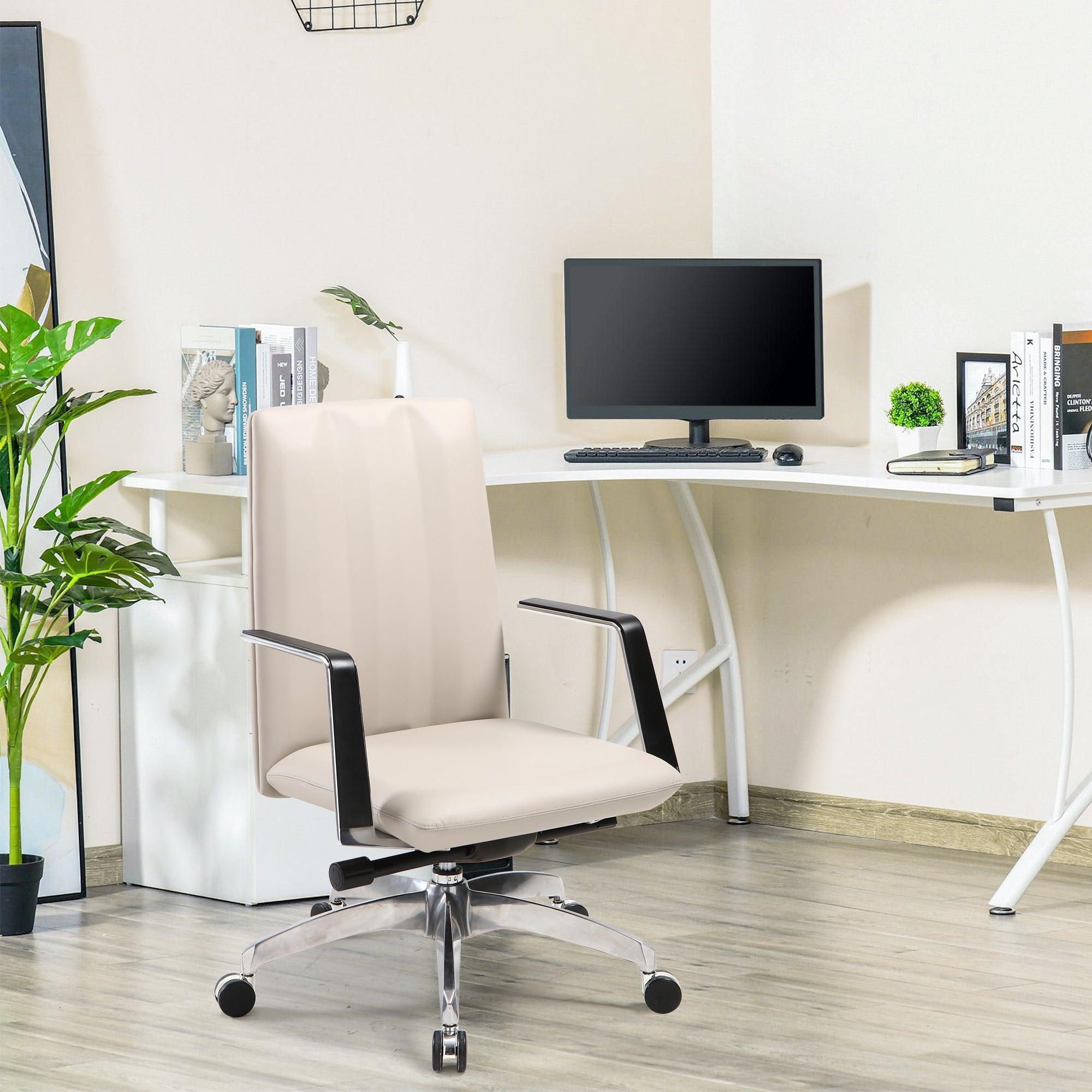 Low Back Chair, Ergonomic Leather Office Chair, Office Chair with Adjustable Height and Tilt Function, 360° Swivel, Large Tall Computer Chair, White - Bosonshop