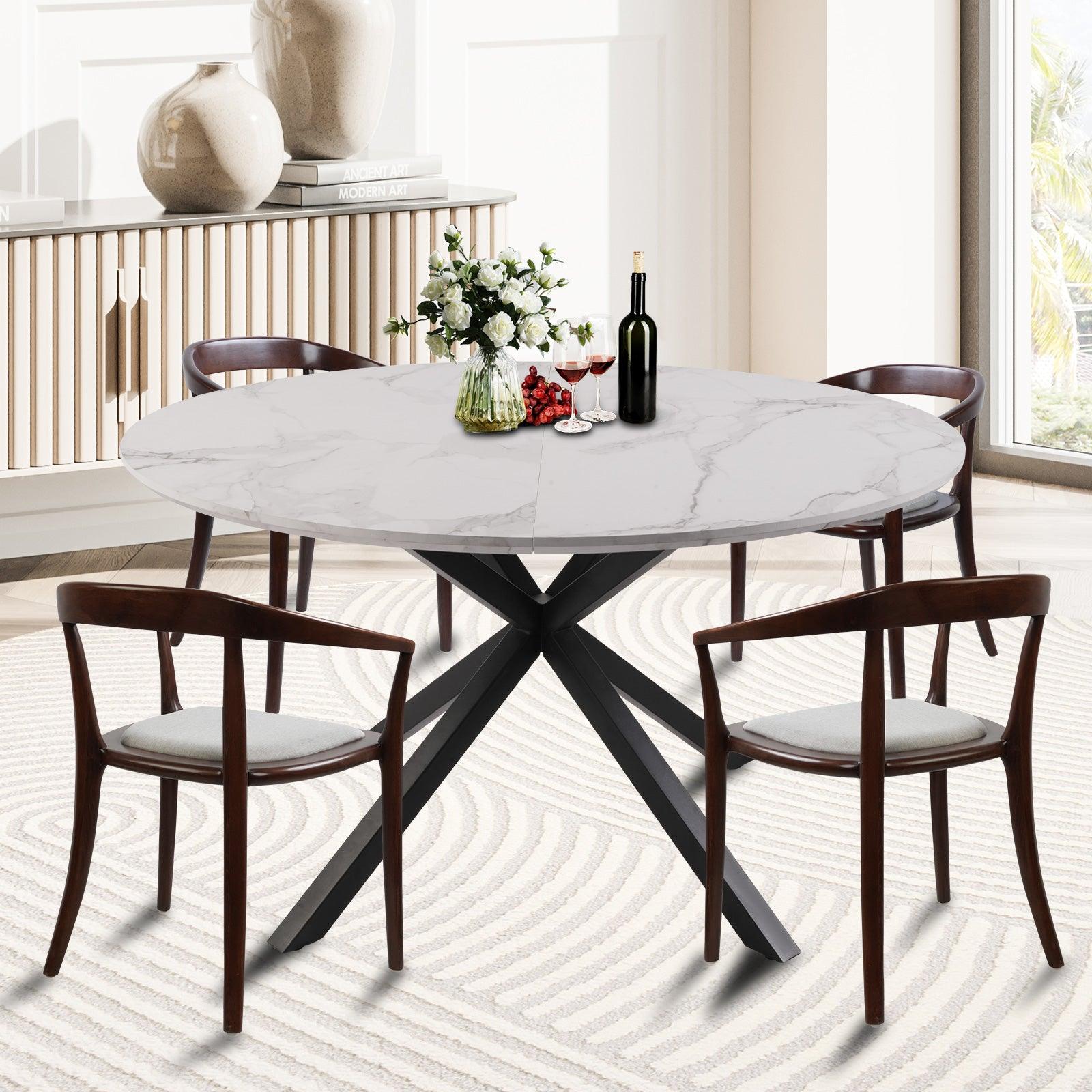 53" Mid-Century Modern Round Dining Table for 4-6 Person W/Solid Metal Legs, Marble Texture - Bosonshop