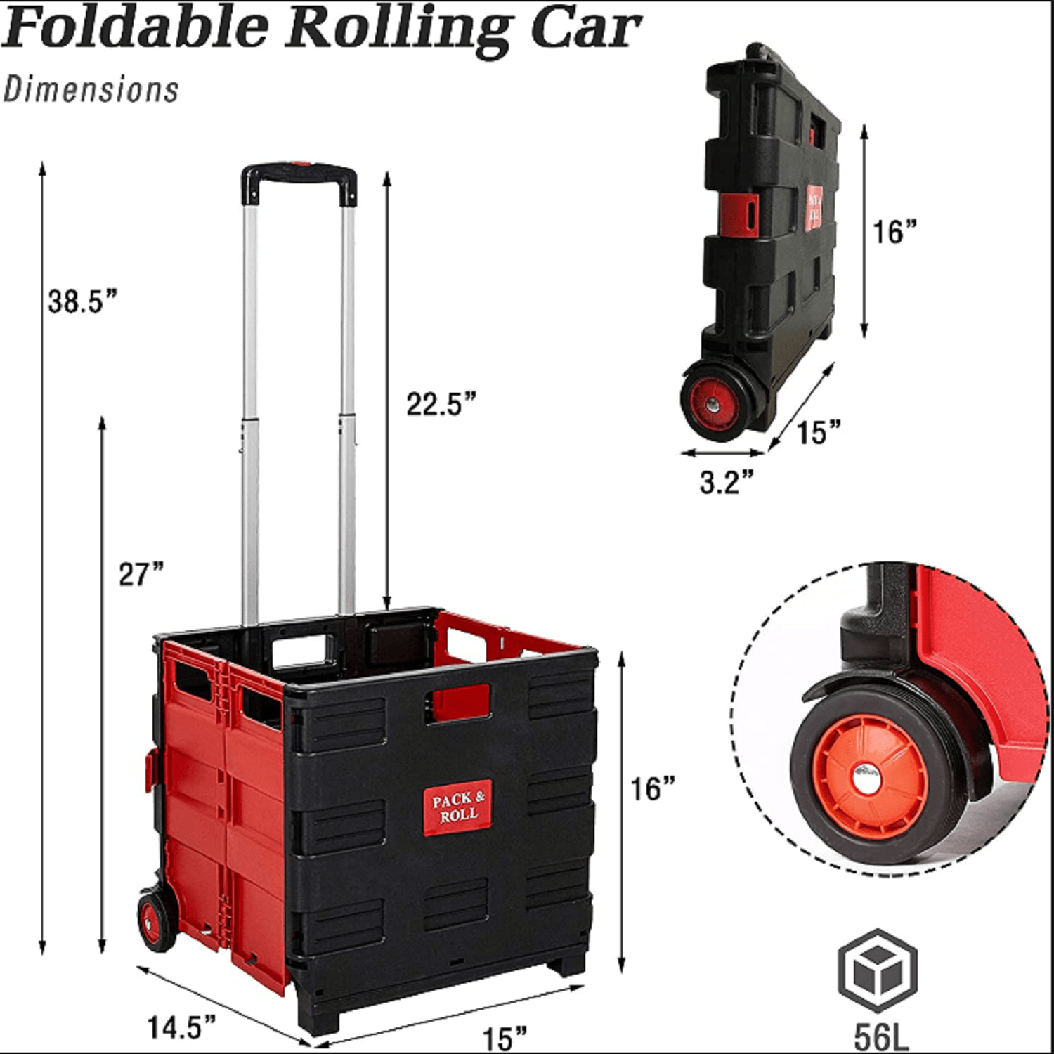 6 Pack Collapsible Rolling Crate Utility Cart 56L Foldable Grocery Cart with Wheels (Red, Large) - Bosonshop