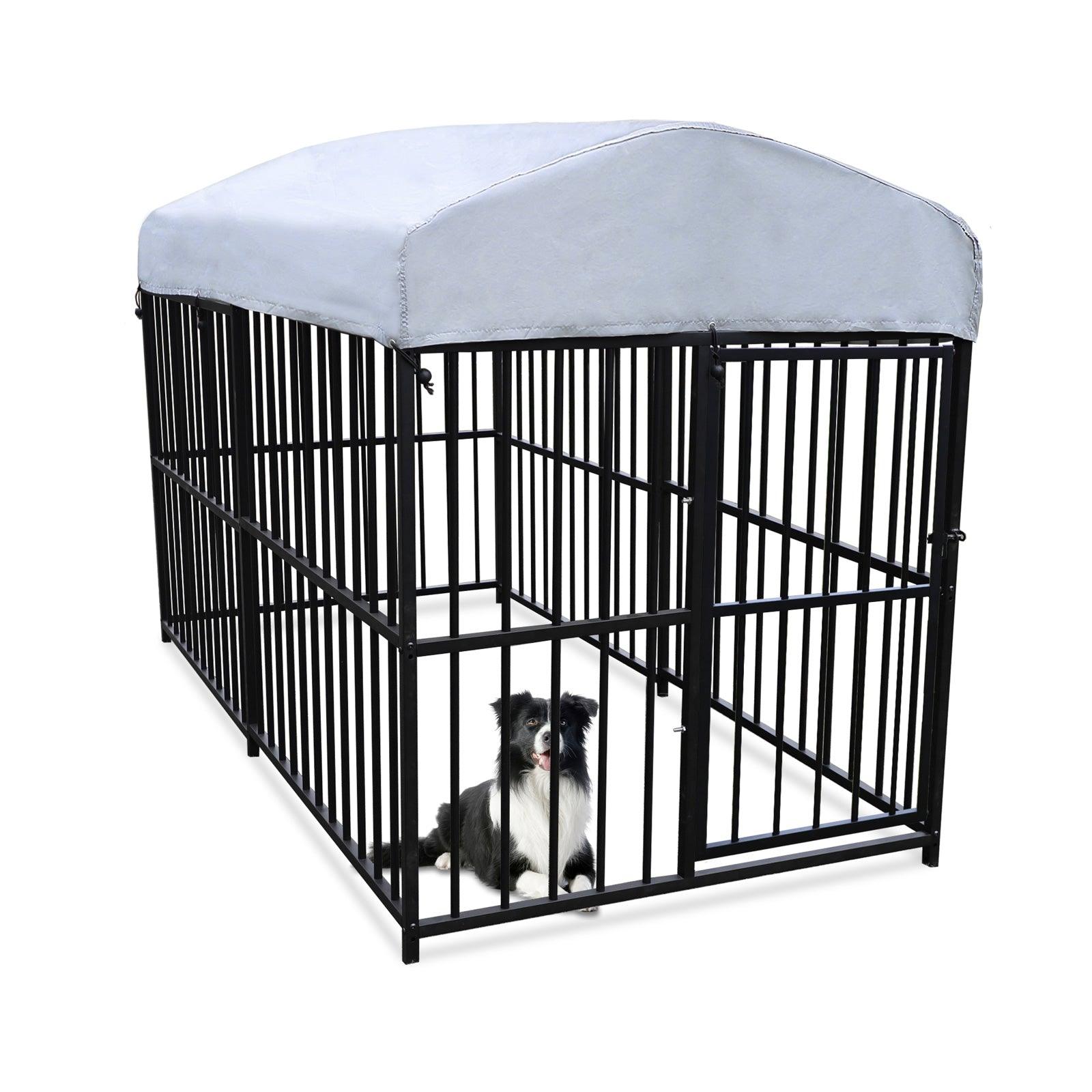 7.8'x4'x5' Outdoor Large Wrought Iron Kennel Enclosure, Heavy Duty Playpen Pet Kennel with Waterproof UV Resistant Cover and Security Lock, Black - Bosonshop