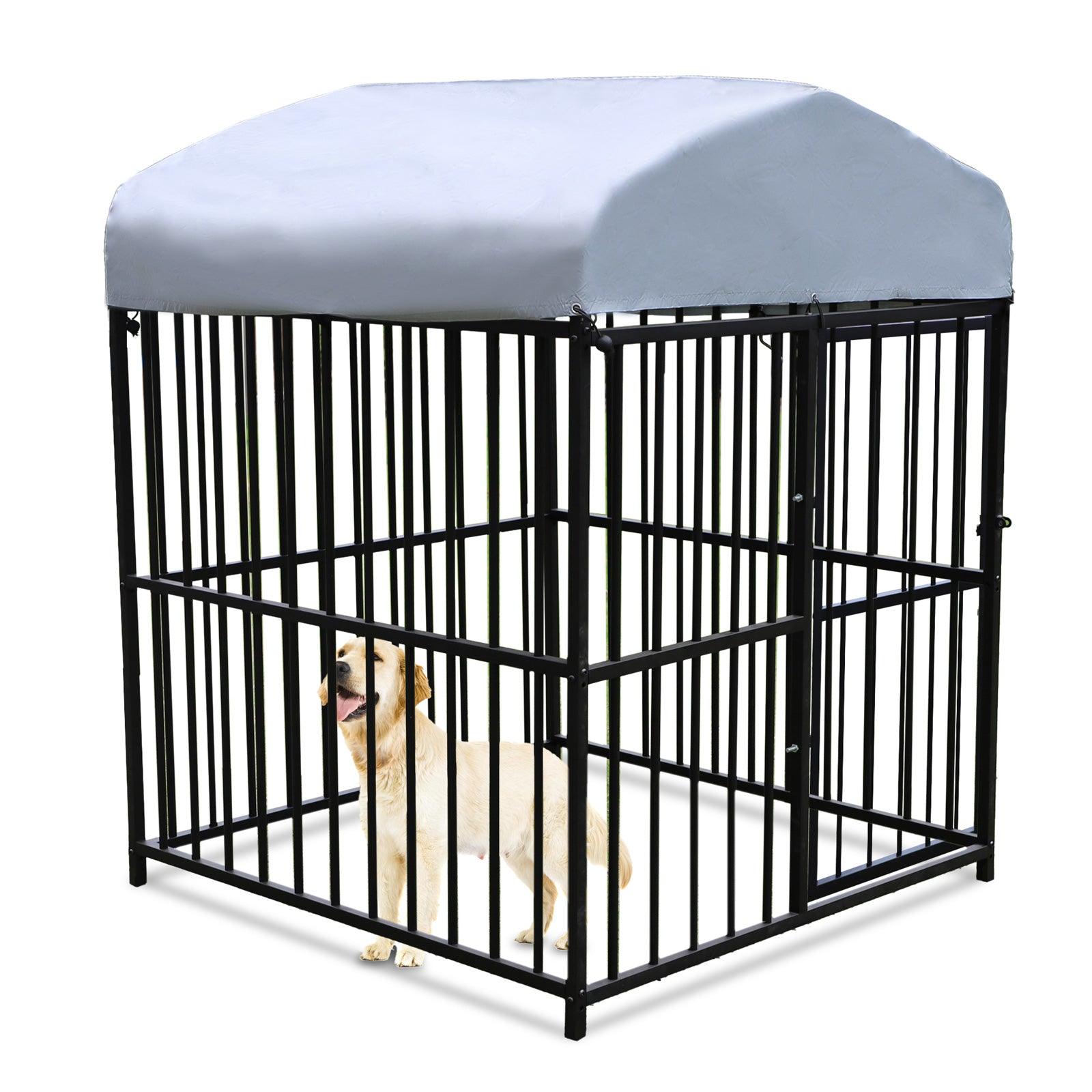 4.9'x4.9'x5.9' Outdoor Medium Wrought Iron Kennel Enclosure, Playpen Pet Kennel with Waterproof UV Resistant Cover and Security Lock, Black - Bosonshop