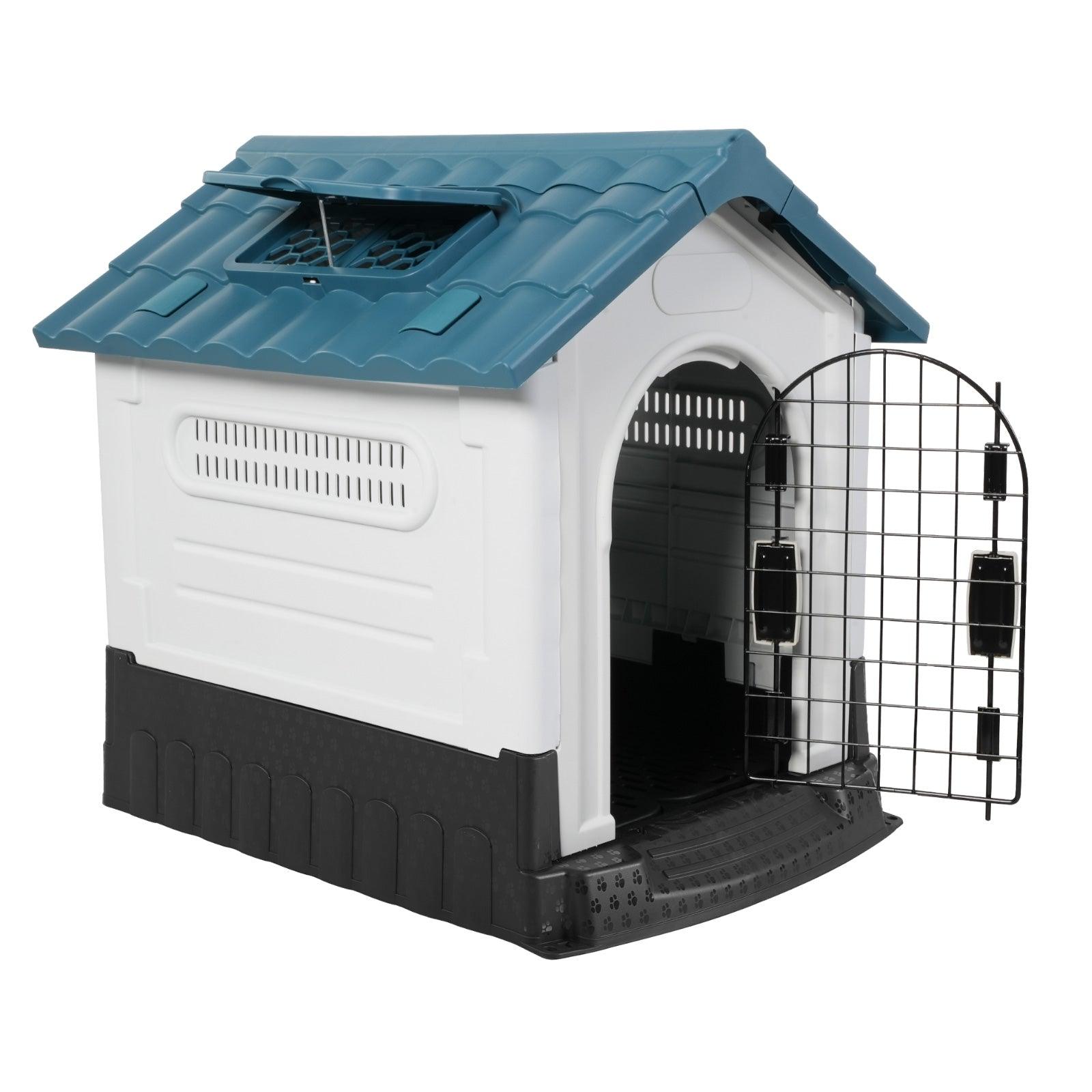 Outdoor Blue Sloped Roof 46.4" Height Large Dog House Plastic Waterproof Kennel with Air Vents - Bosonshop