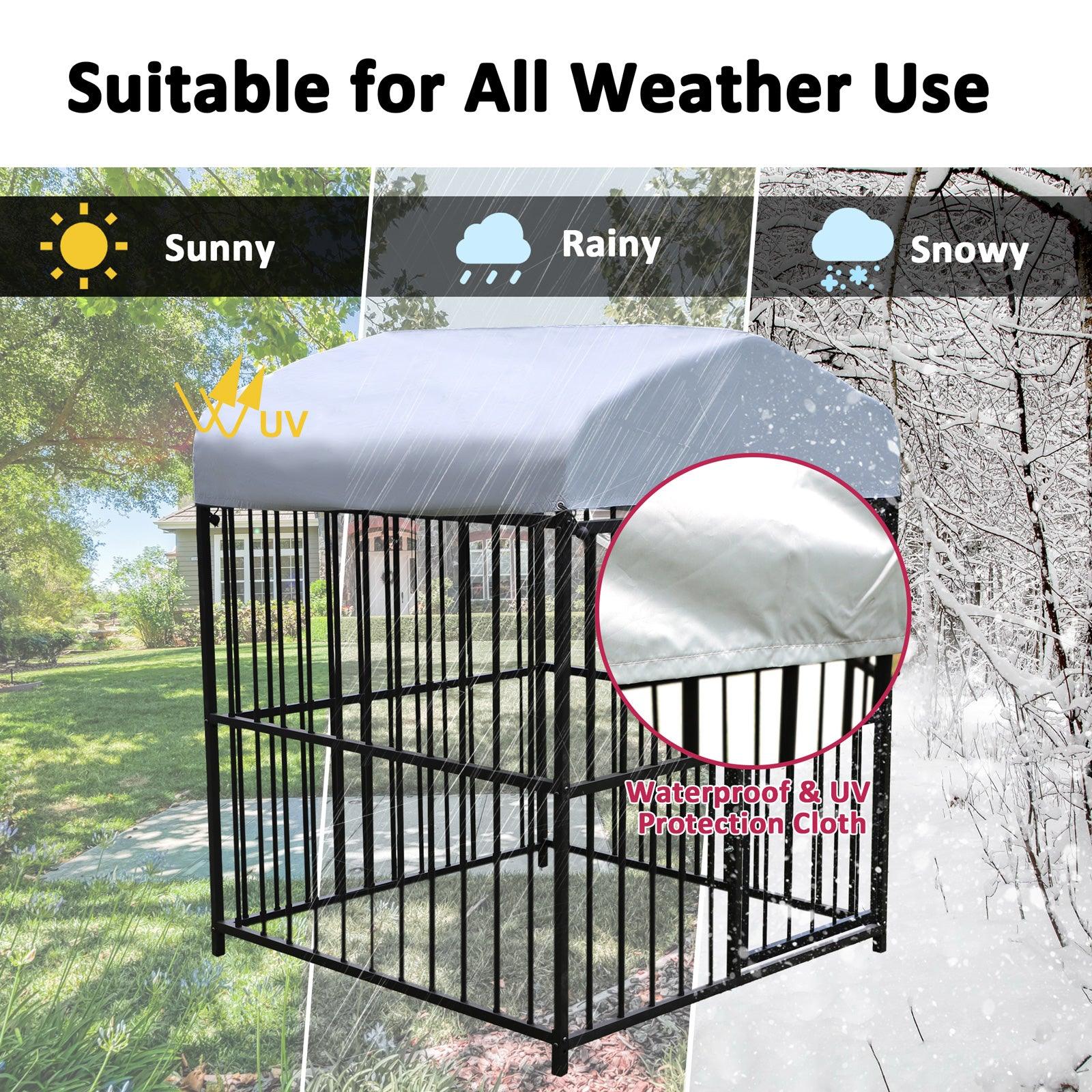 4.9'x4.9'x5.9' Outdoor Medium Wrought Iron Kennel Enclosure, Playpen Pet Kennel with Waterproof UV Resistant Cover and Security Lock, Black - Bosonshop