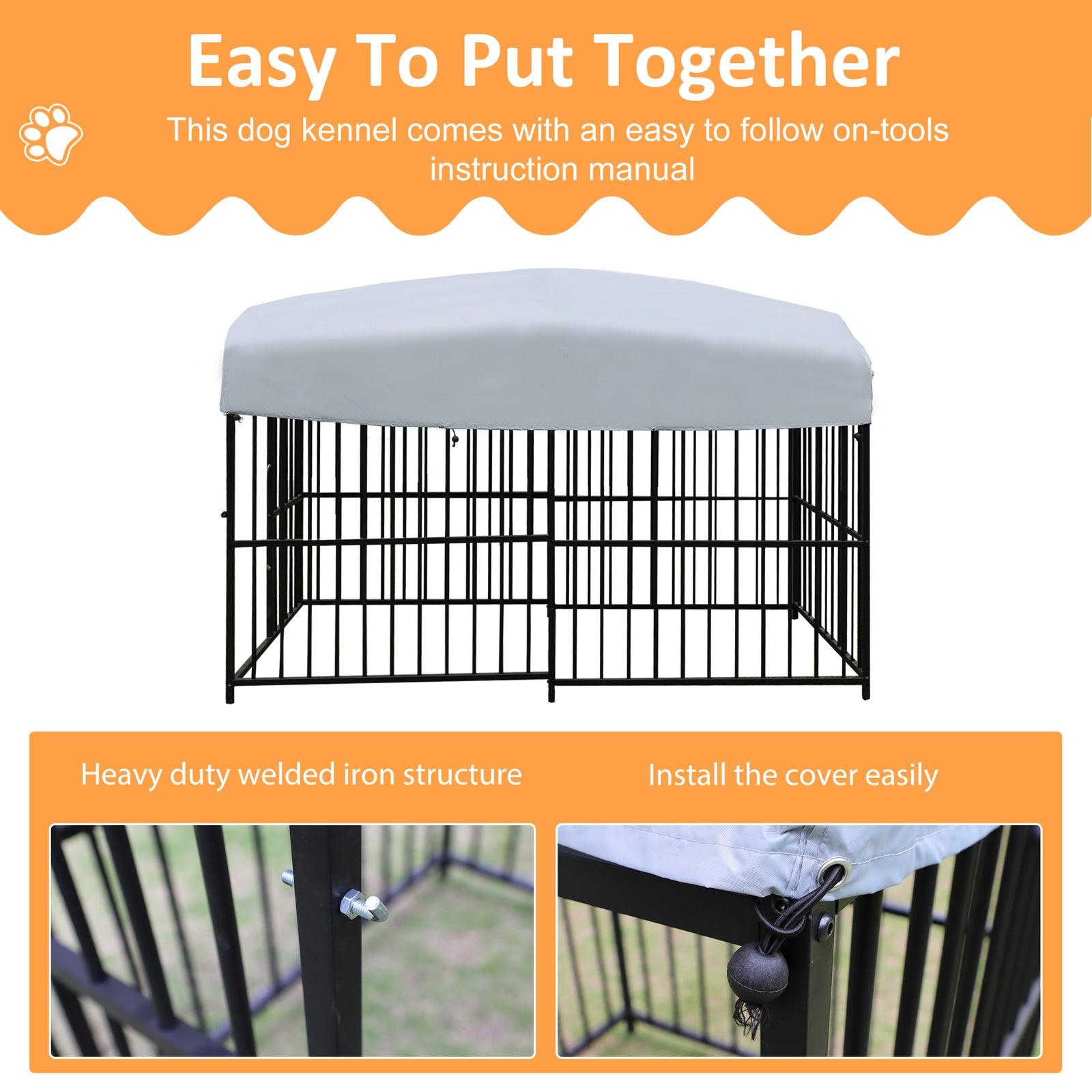 7.8'x4'x5' Outdoor Large Wrought Iron Kennel Enclosure, Heavy Duty Playpen Pet Kennel with Waterproof UV Resistant Cover and Security Lock, Black - Bosonshop