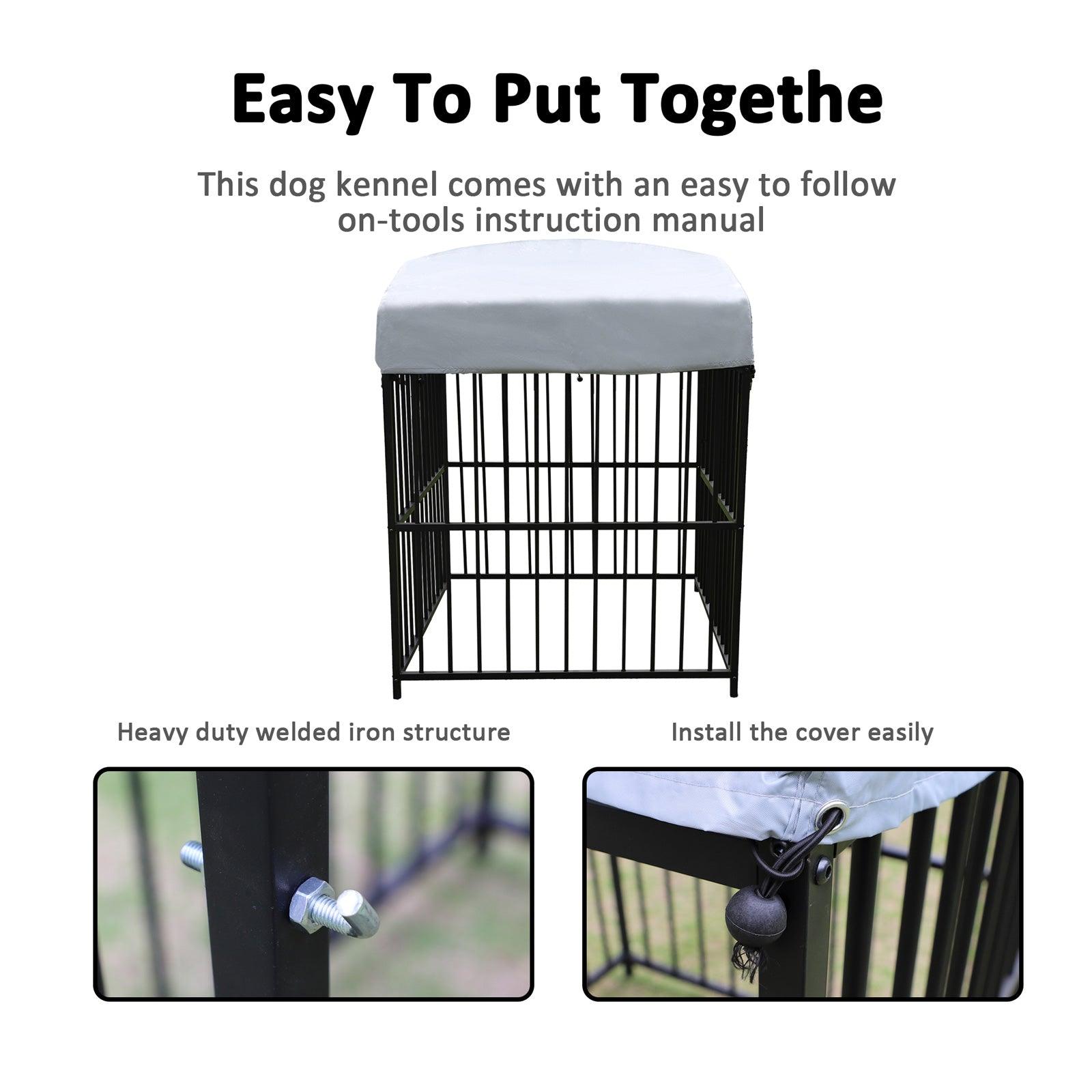 4.9'x4.9'x5.9' Outdoor Medium Wrought Iron Kennel Enclosure, Playpen Pet Kennel with Waterproof UV Resistant Cover and Security Lock, Black - Bosonshop