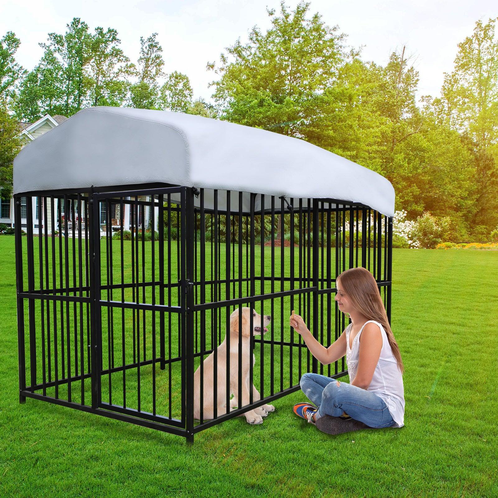 7.8'x4'x5' Outdoor Large Wrought Iron Kennel Enclosure, Heavy Duty Playpen Pet Kennel with Waterproof UV Resistant Cover and Security Lock, Black - Bosonshop