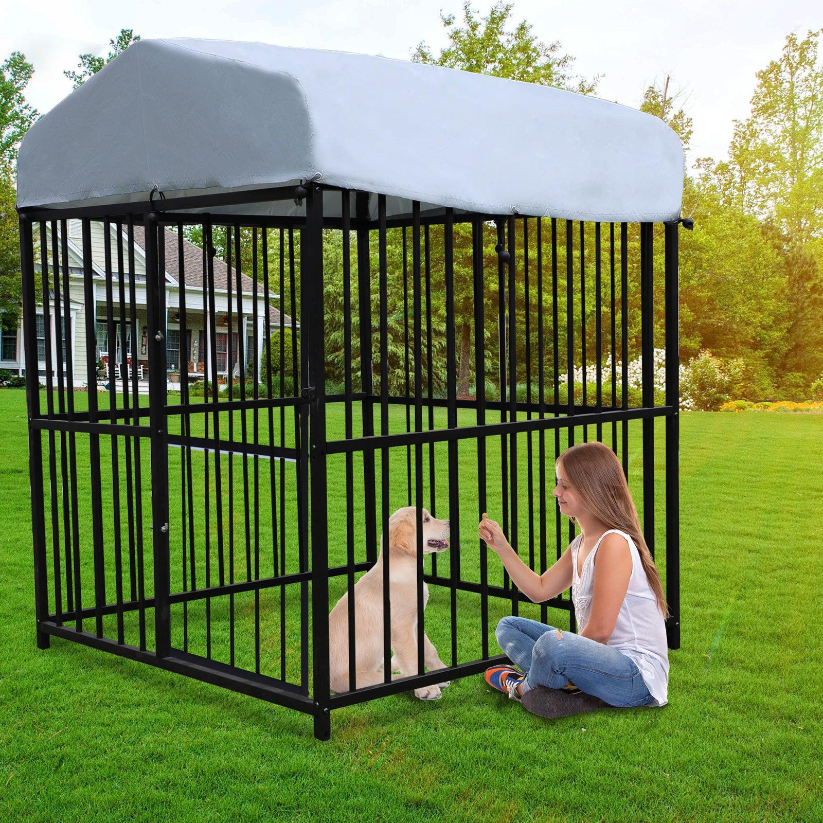 4.9'x4.9'x5.9' Outdoor Medium Wrought Iron Kennel Enclosure, Playpen Pet Kennel with Waterproof UV Resistant Cover and Security Lock, Black - Bosonshop