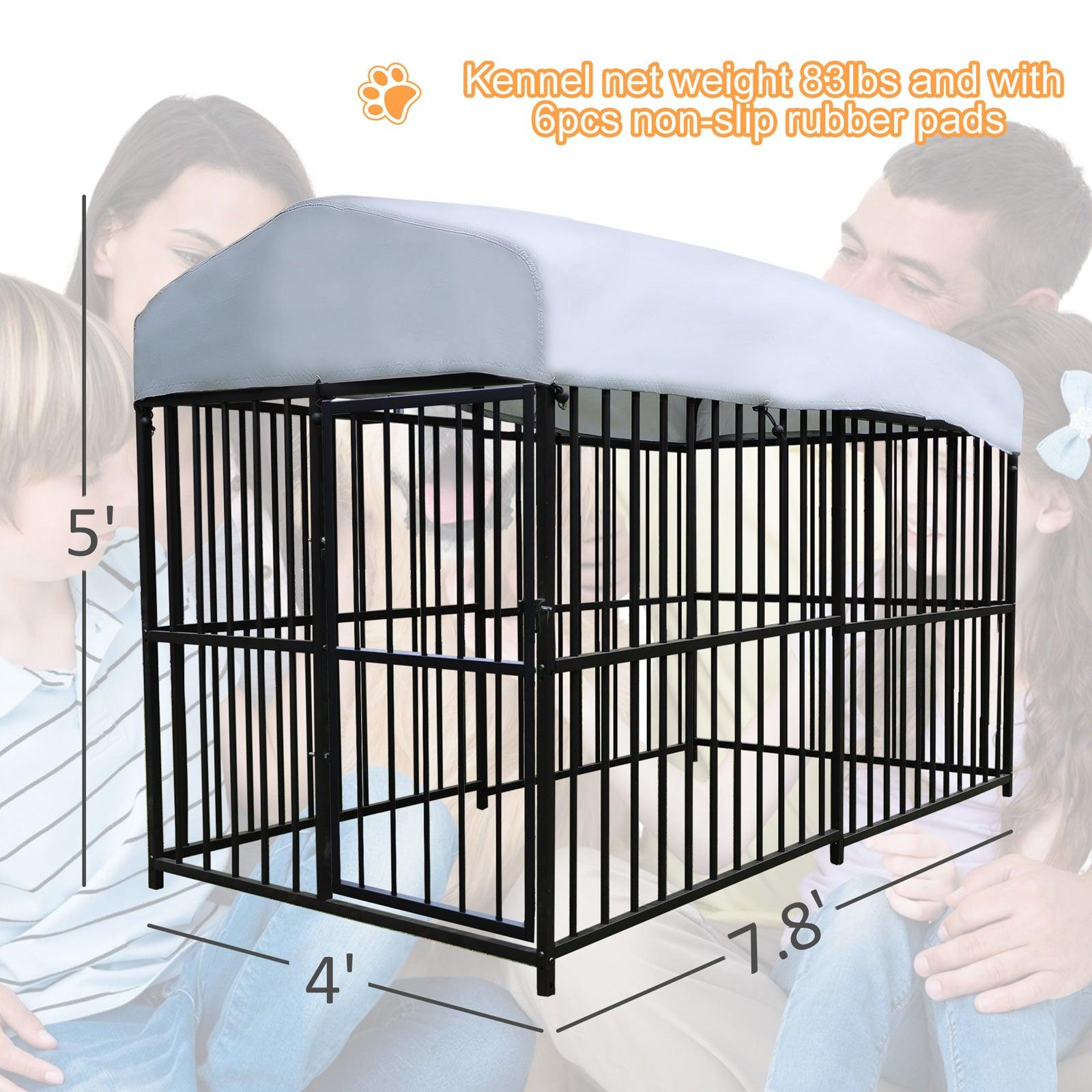 7.8'x4'x5' Outdoor Large Wrought Iron Kennel Enclosure, Heavy Duty Playpen Pet Kennel with Waterproof UV Resistant Cover and Security Lock, Black - Bosonshop