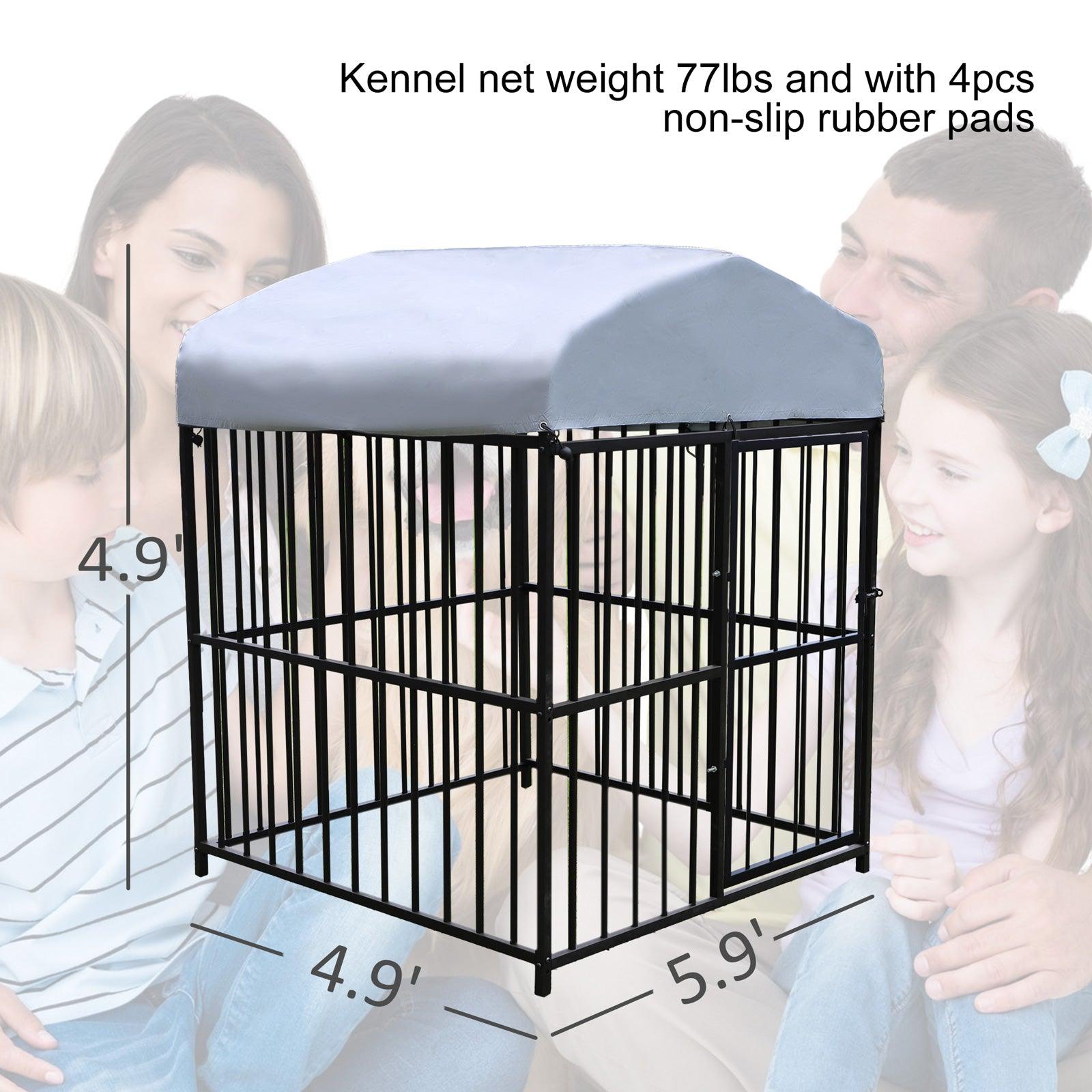 4.9'x4.9'x5.9' Outdoor Medium Wrought Iron Kennel Enclosure, Playpen Pet Kennel with Waterproof UV Resistant Cover and Security Lock, Black - Bosonshop