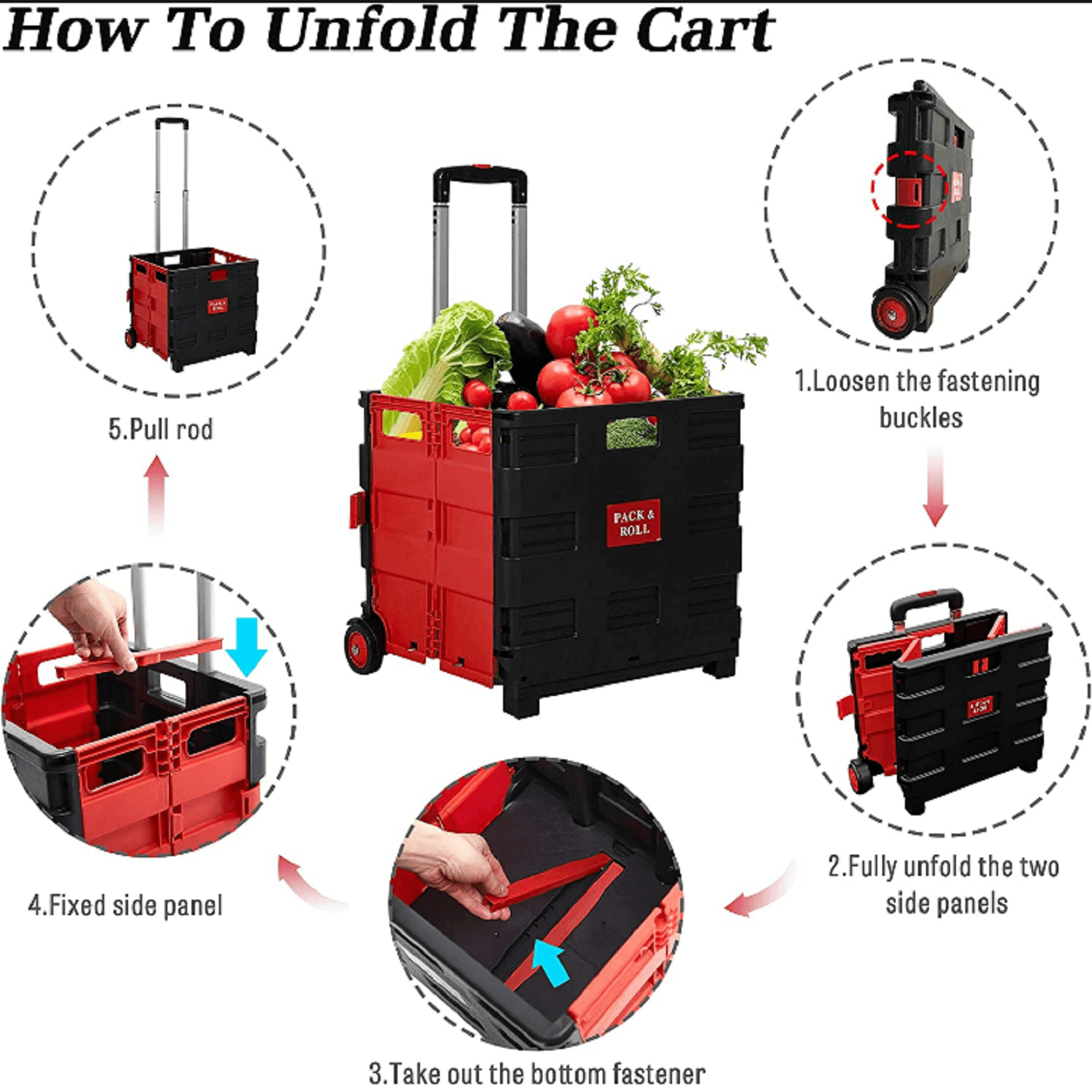 6 Pack Collapsible Rolling Crate Utility Cart 56L Foldable Grocery Cart with Wheels (Red, Large) - Bosonshop