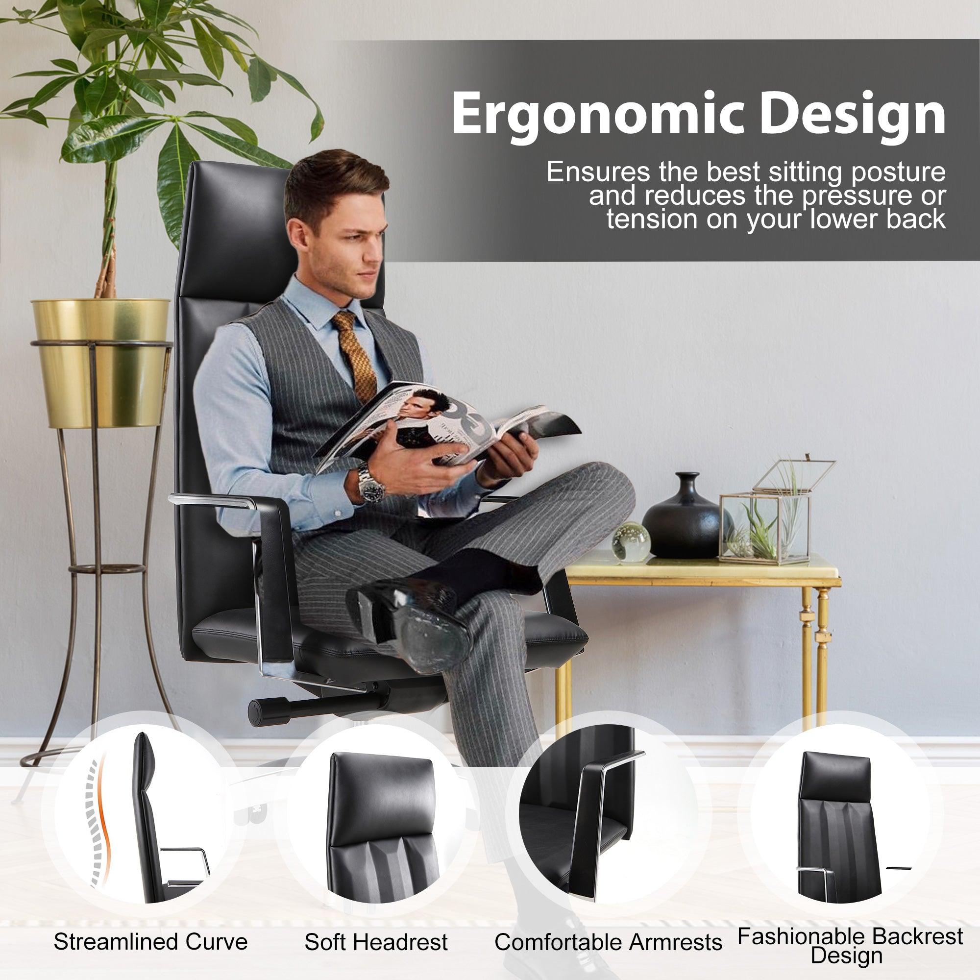 High Back Chair, Ergonomic Leather Office Chair, Office Chair with Adjustable Height and Tilt Function, 360° Swivel, Large Tall Computer Chair, Black - Bosonshop