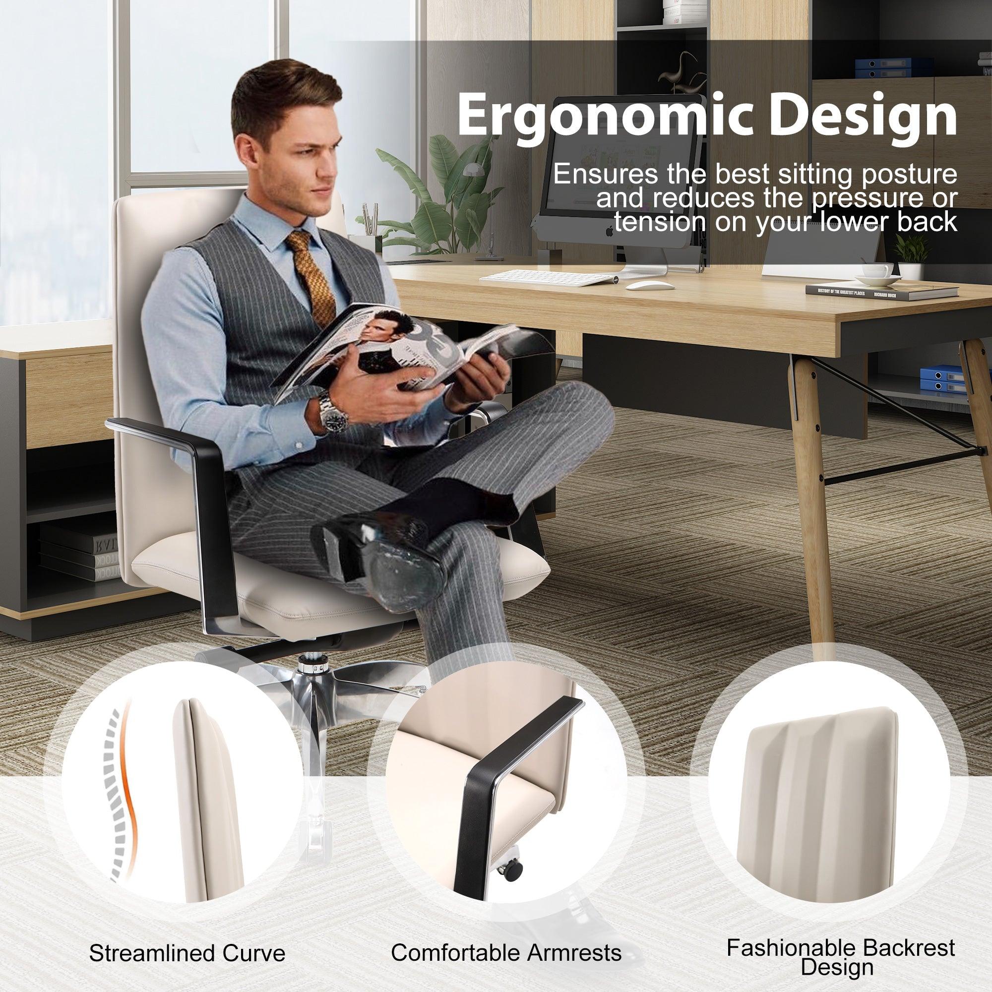 Low Back Chair, Ergonomic Leather Office Chair, Office Chair with Adjustable Height and Tilt Function, 360° Swivel, Large Tall Computer Chair, White - Bosonshop