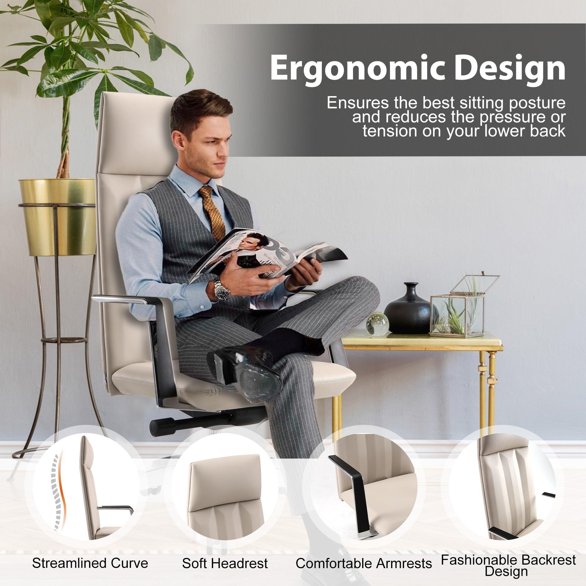 High Back Chair, Ergonomic Leather Office Chair, Office Chair with Adjustable Height and Tilt Function, 360° Swivel, Large Tall Computer Chair, White - Bosonshop