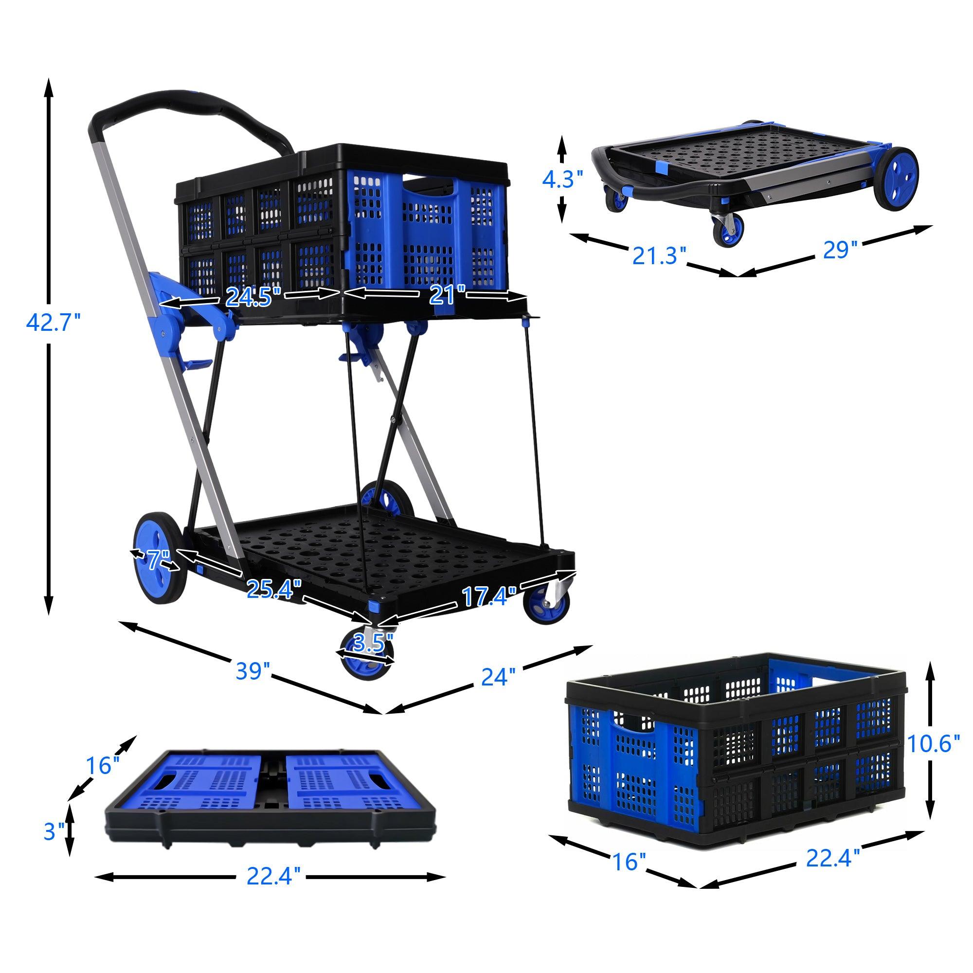 2-Tier Collapsible Cart with Crate Multi-Functional Foldable Trolley with Rolling Swivel Wheels - Bosonshop