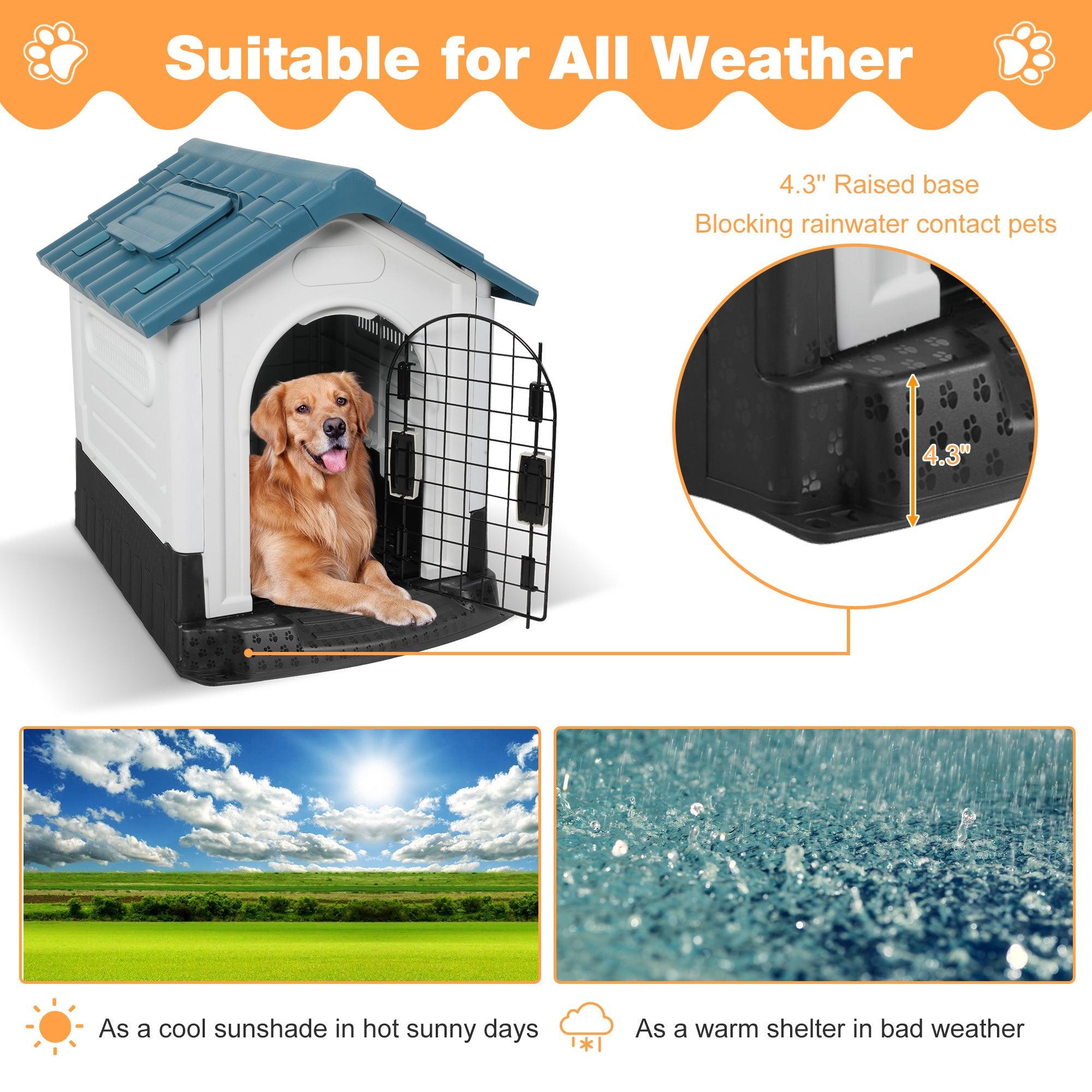 Outdoor Blue Sloped Roof 46.4" Height Large Dog House Plastic Waterproof Kennel with Air Vents - Bosonshop