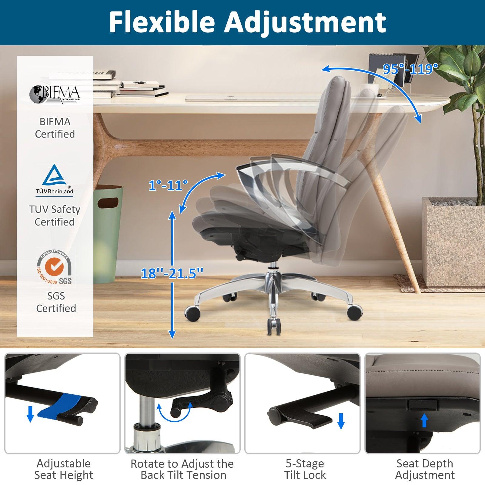 Executive Office Chair, Ergonomic Leather Office Chair Gray Office Chair with Adjustable Height and Tilt Function, 360° Swivel, Computer Office Chair - Bosonshop