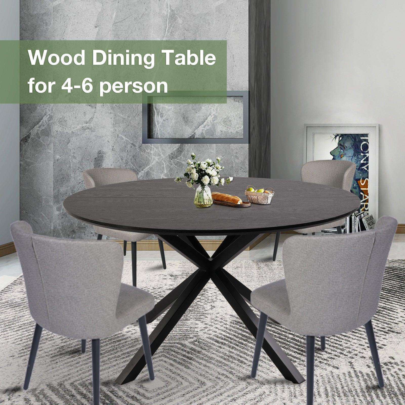 53" Mid-Century Modern Round Dining Room Table for 4-6 Person W/Solid Metal Legs, Black Wood Grain - Bosonshop