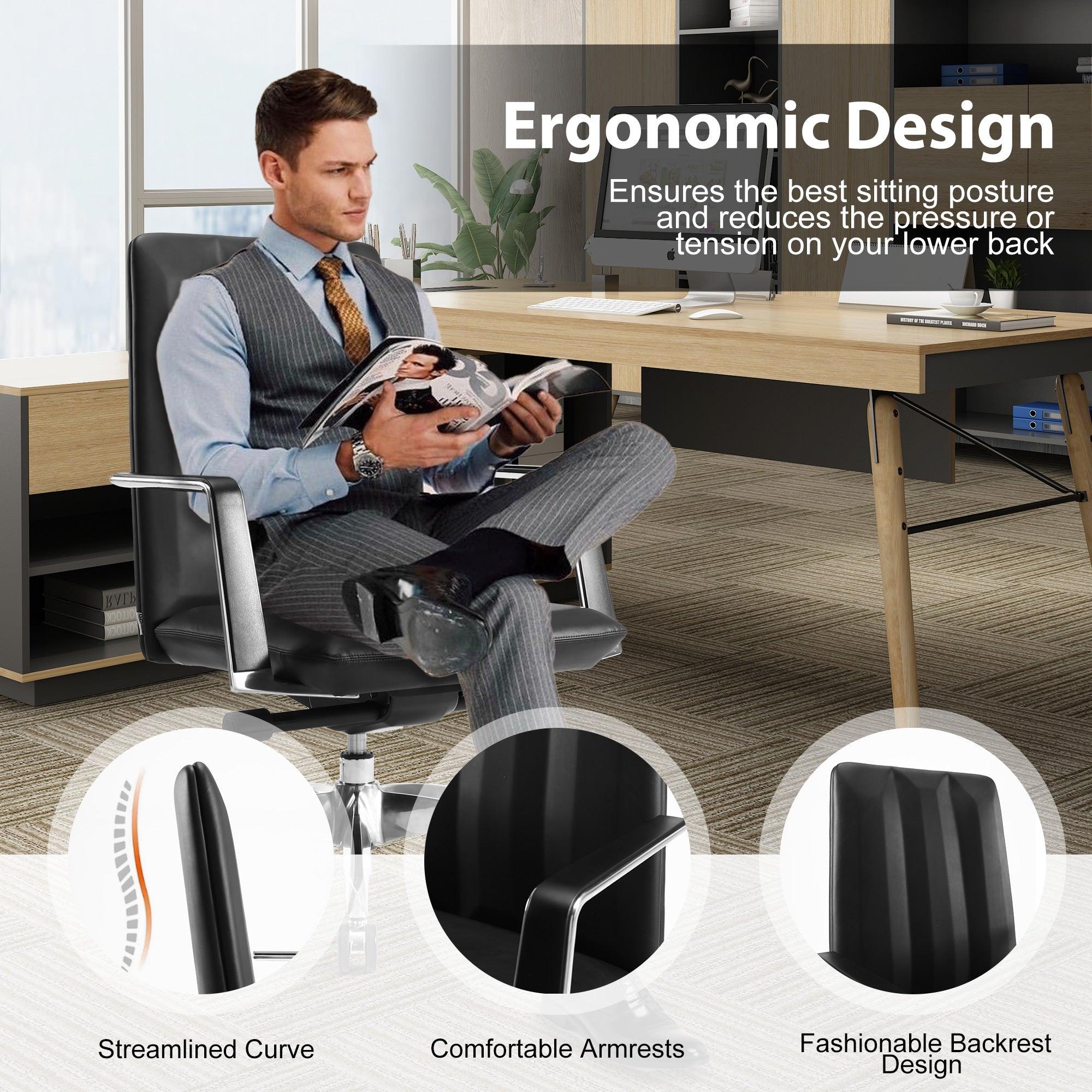 Low Back Chair, Ergonomic Leather Office Chair, Office Chair with Adjustable Height and Tilt Function, 360° Swivel, Large Tall Computer Chair, Black - Bosonshop