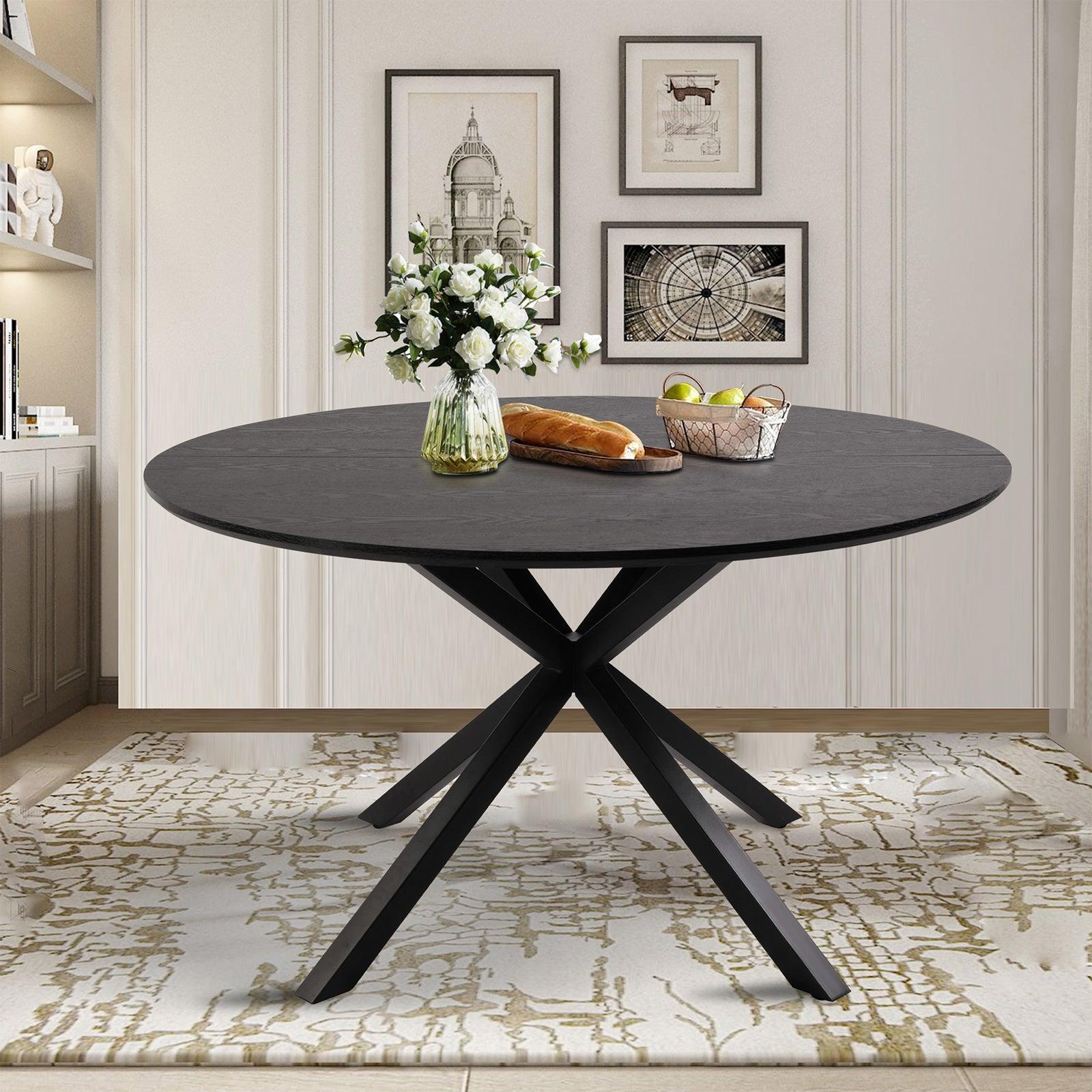 53" Mid-Century Modern Round Dining Room Table for 4-6 Person W/Solid Metal Legs, Black Wood Grain - Bosonshop