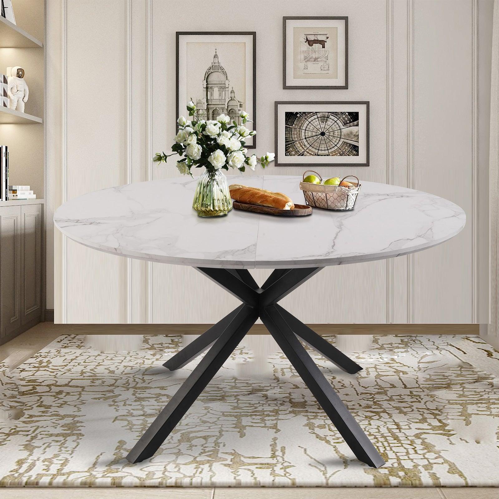 53" Mid-Century Modern Round Dining Table for 4-6 Person W/Solid Metal Legs, Marble Texture - Bosonshop