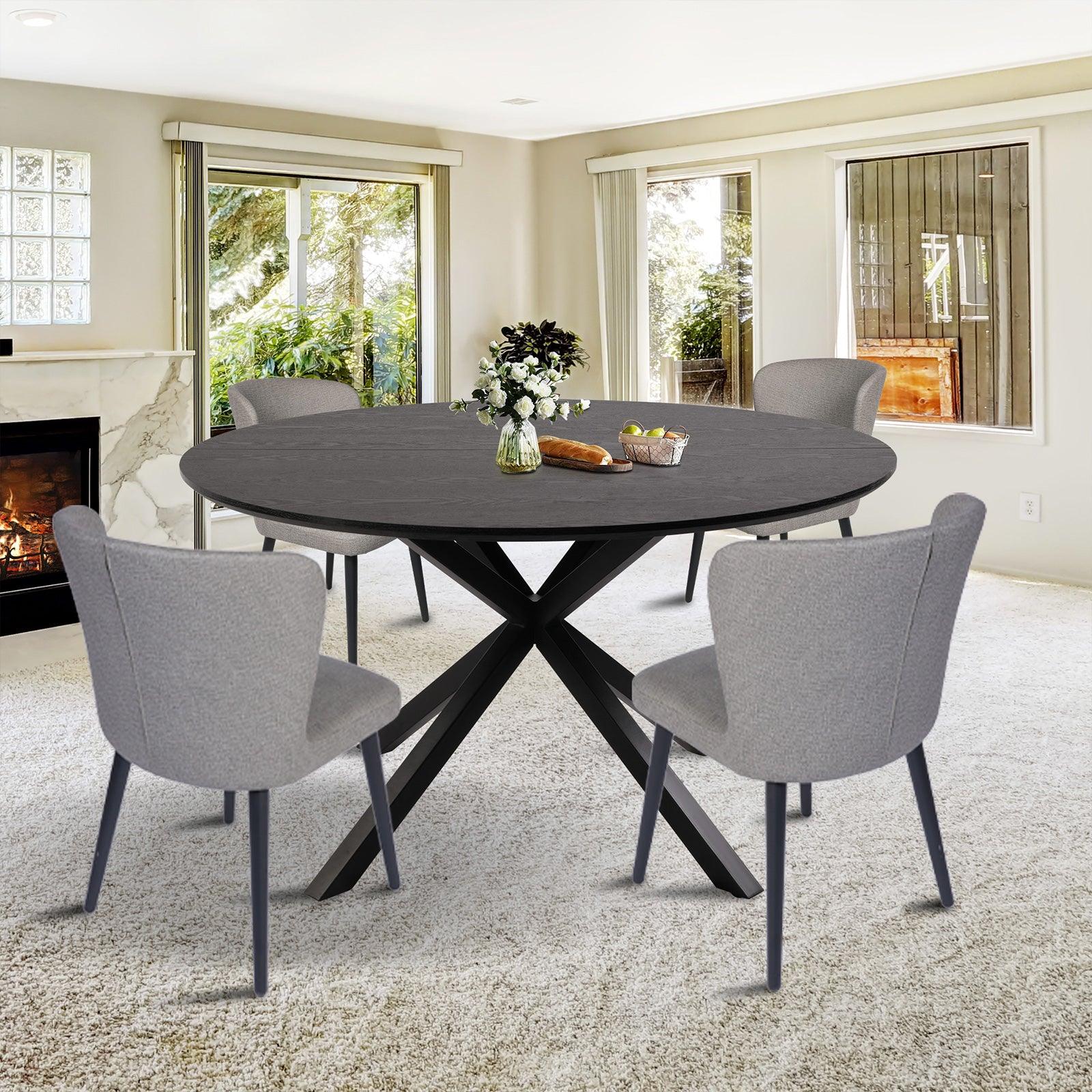 53" Mid-Century Modern Round Dining Room Table for 4-6 Person W/Solid Metal Legs, Black Wood Grain - Bosonshop