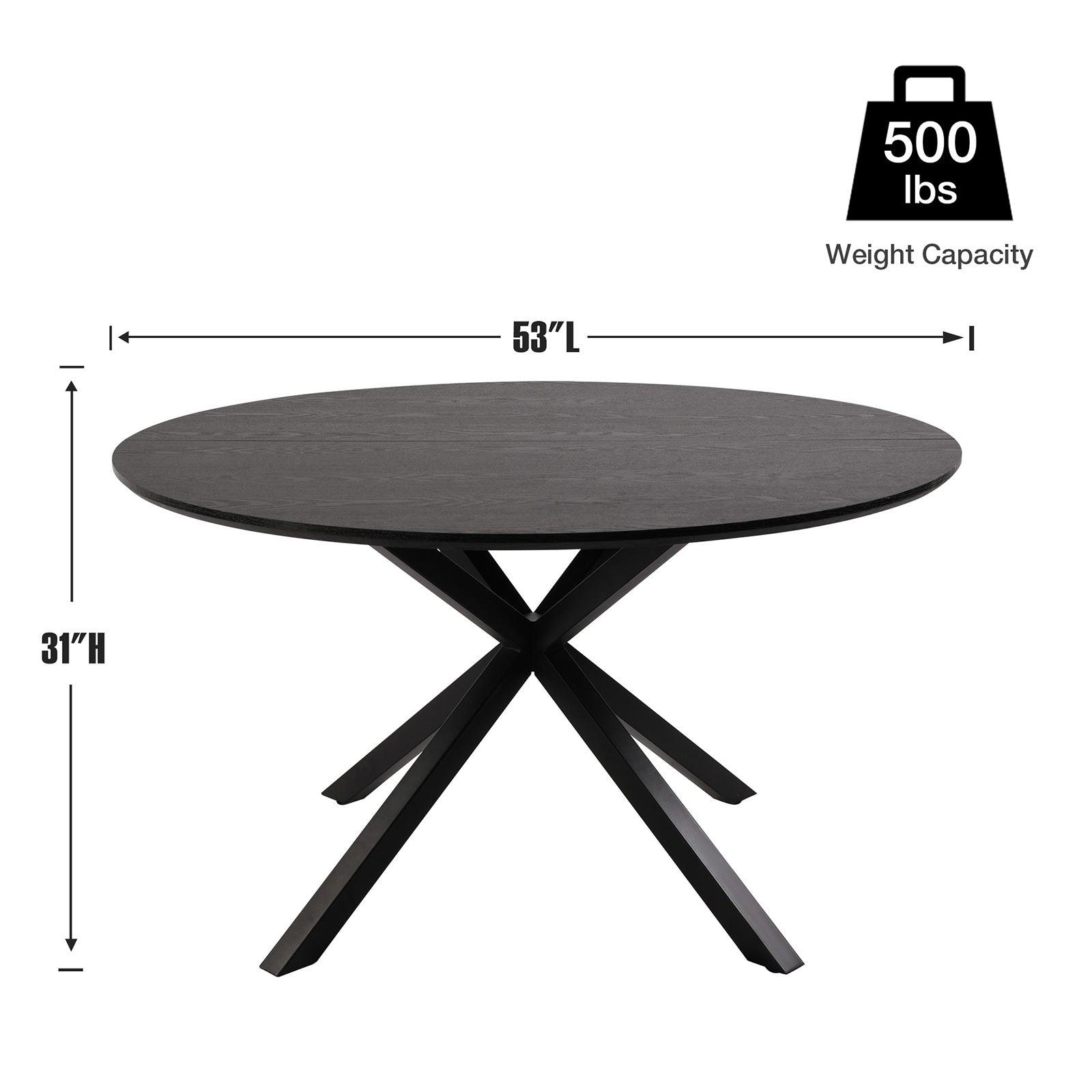 53" Mid-Century Modern Round Dining Room Table for 4-6 Person W/Solid Metal Legs, Black Wood Grain - Bosonshop