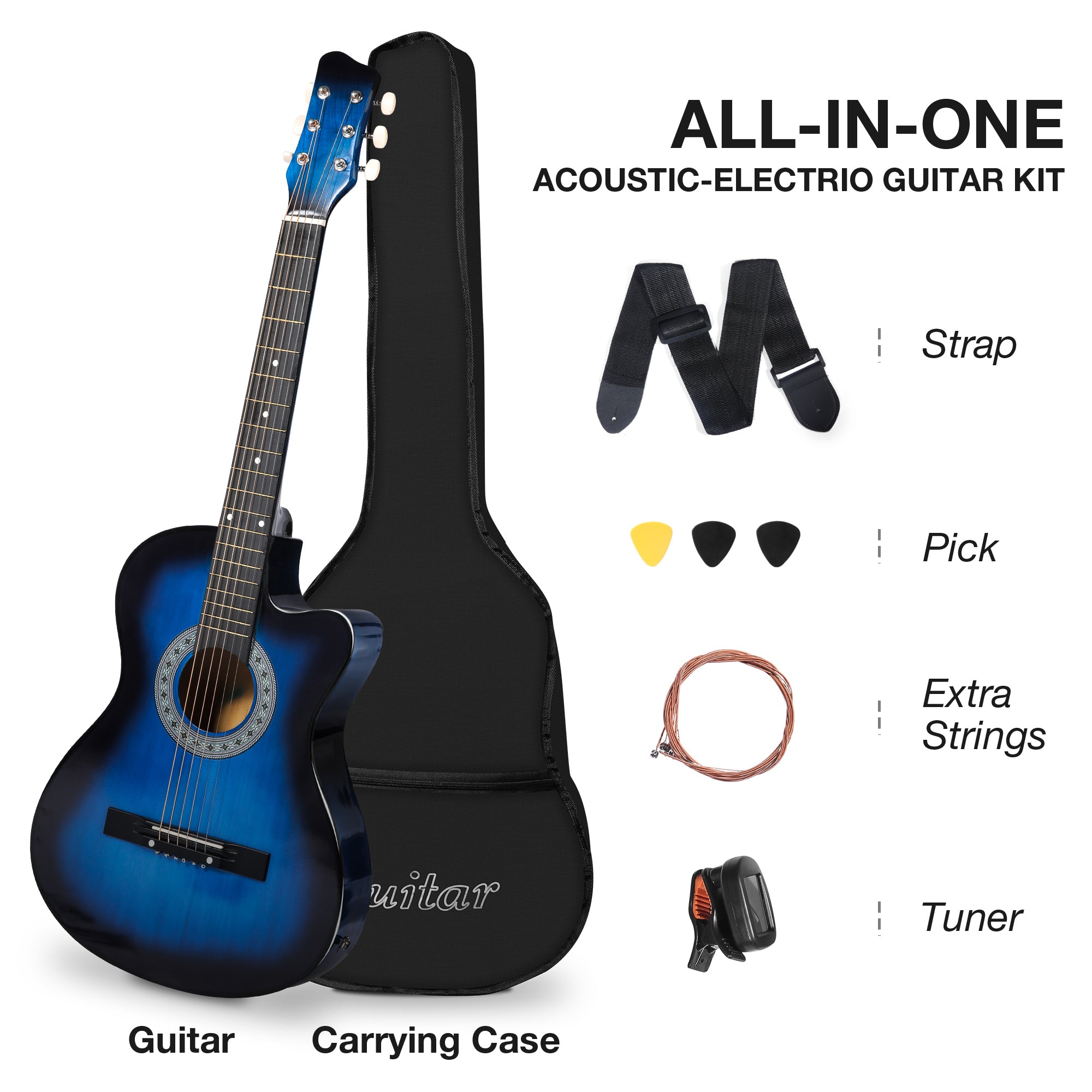 38" Acoustic Electric Guitar All wood Cutaway Beginner Guitar Package with 4-Band EQ Case, Strap, Picks, Tune - Bosonshop