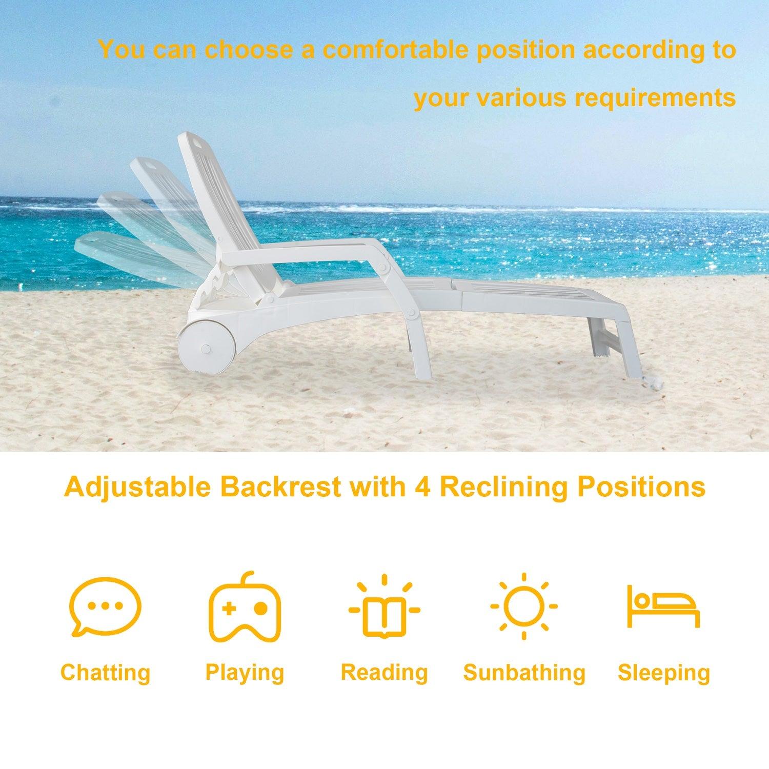 Folding Lounger, Foldable Beach Lounger with Storage Space, Plastic Lounger Backrest with Four Special Adjustable Angle, with Wheels - Bosonshop