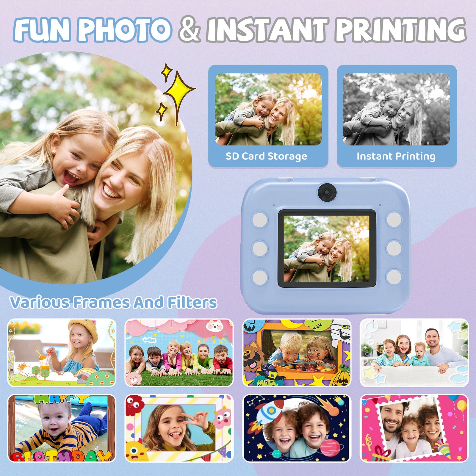 Instant Print Camera for Kids, Dual-Lens 48MP Digital Camera 2.4 Inch Screen with 3 Rolls Paper, Blue - Bosonshop