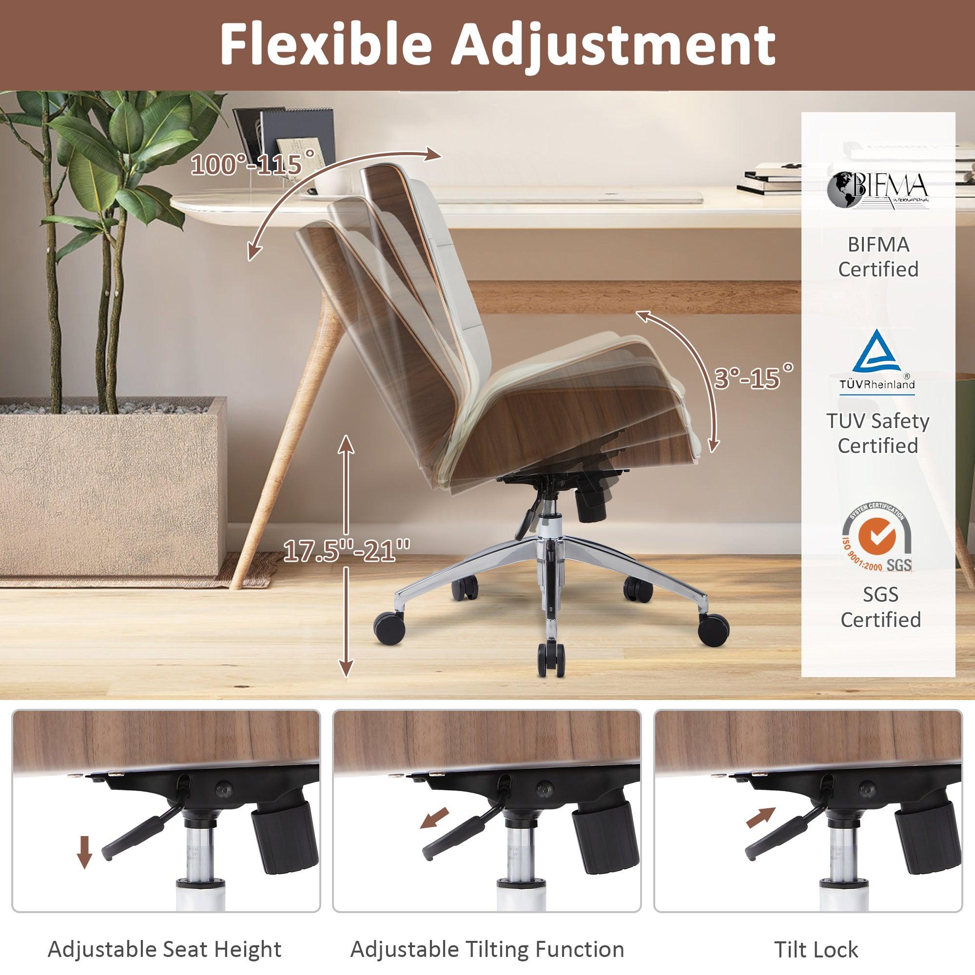 Executive Office Chair with Adjustable Height, Tilt Function, Solid Wood Arms and Base, 360° Swivel - Leather Office Chair for Office and Home Work in Grey - Bosonshop