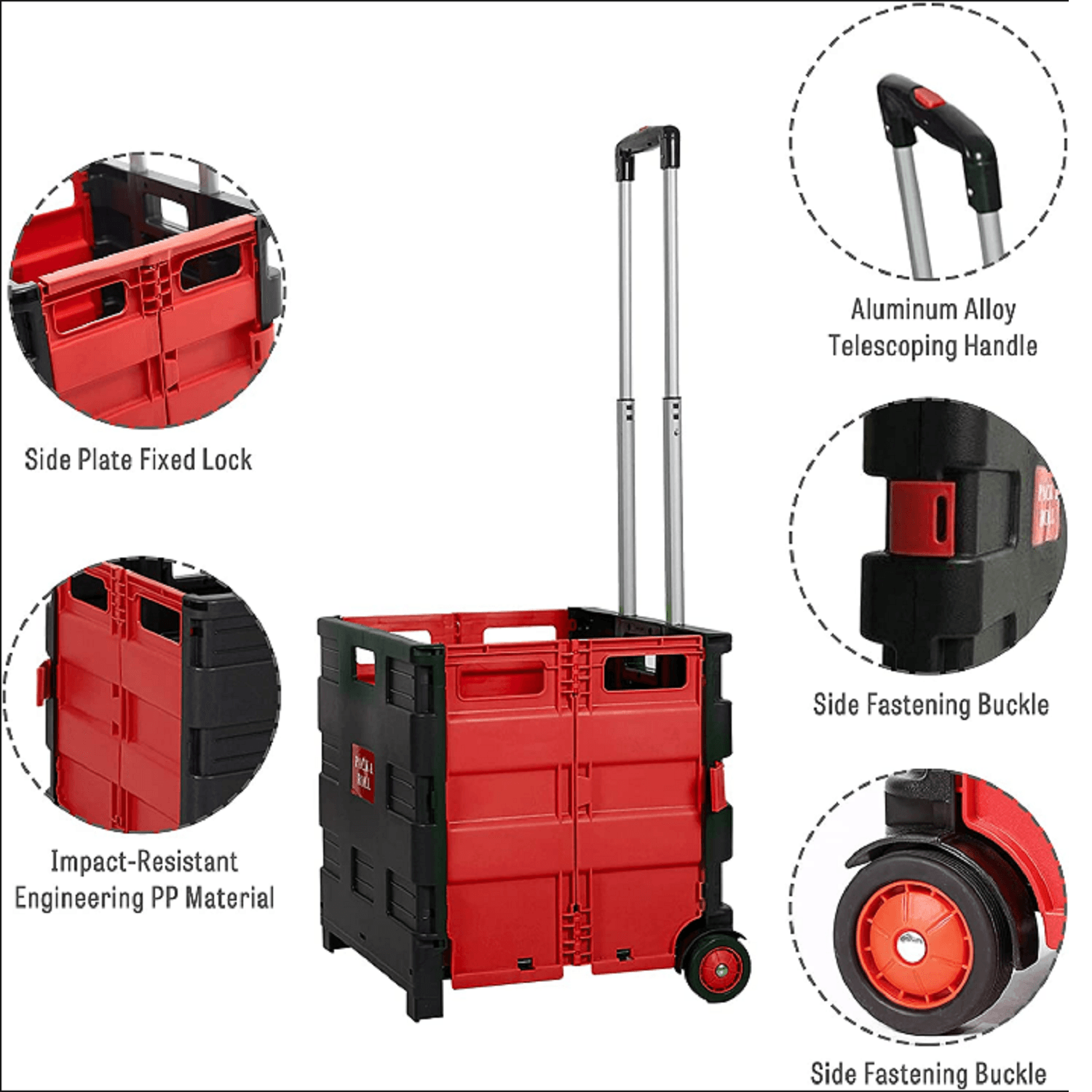 6 Pack Collapsible Rolling Crate Utility Cart 56L Foldable Grocery Cart with Wheels (Red, Large) - Bosonshop