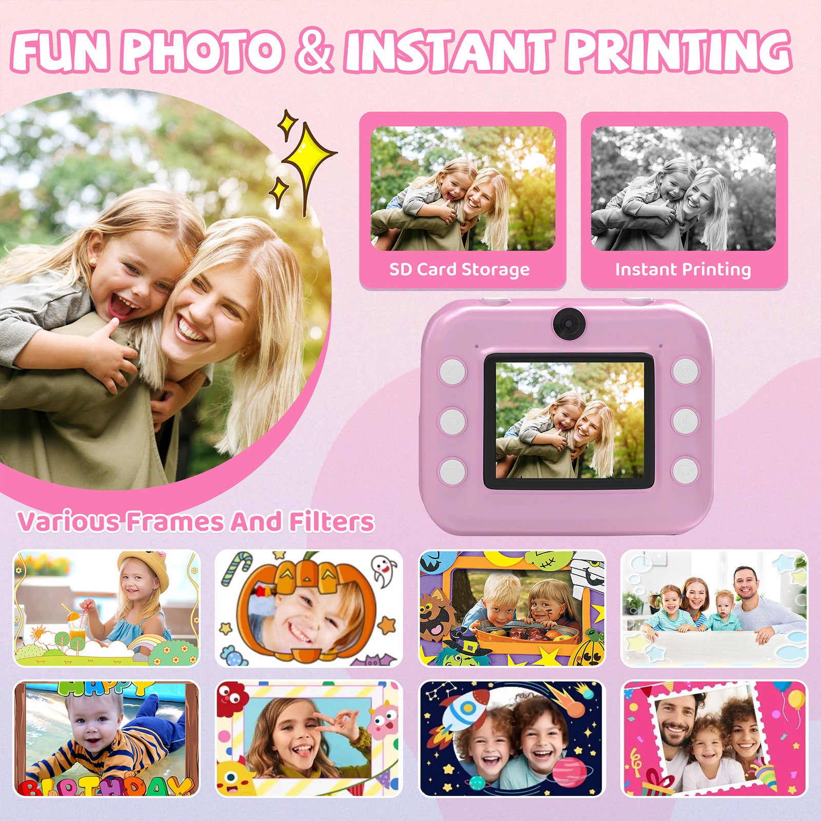 Instant Print Camera for Kids, Dual-Lens 48MP Digital Camera 2.4 Inch Screen with 3 Rolls Paper, Pink - Bosonshop