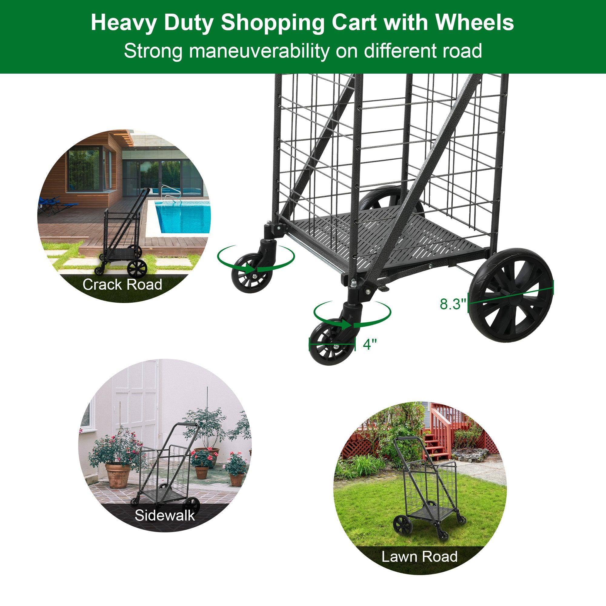 Folding shopping cart with 360° rotating wheels, suitable for grocery, laundry, books, luggage travel, 77 pound capacity, black - Bosonshop