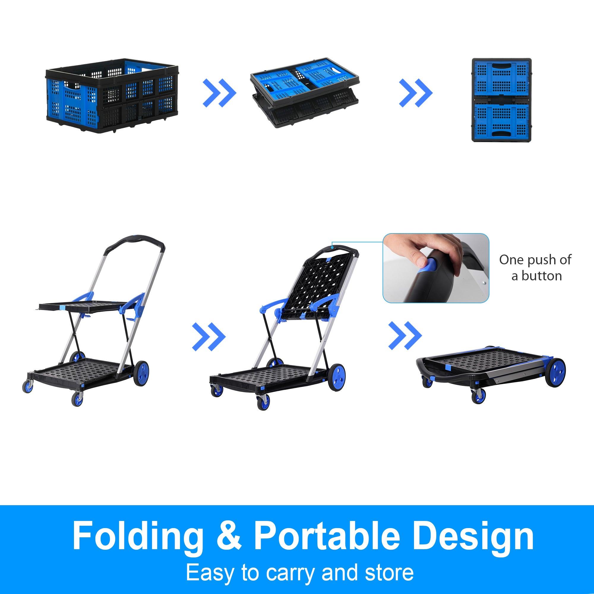 2-Tier Collapsible Cart with Crate Multi-Functional Foldable Trolley with Rolling Swivel Wheels - Bosonshop