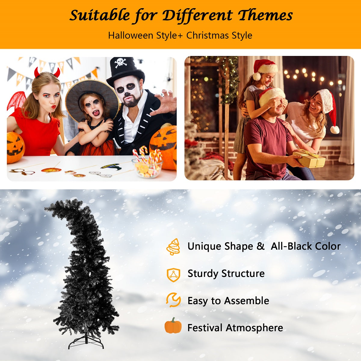 6.9ft Black Bendable Santa Hat Style Halloween Tree Artificial Christmas Tree Xmas, 1050 Branch Tips, Metal Frame - Bosonshop