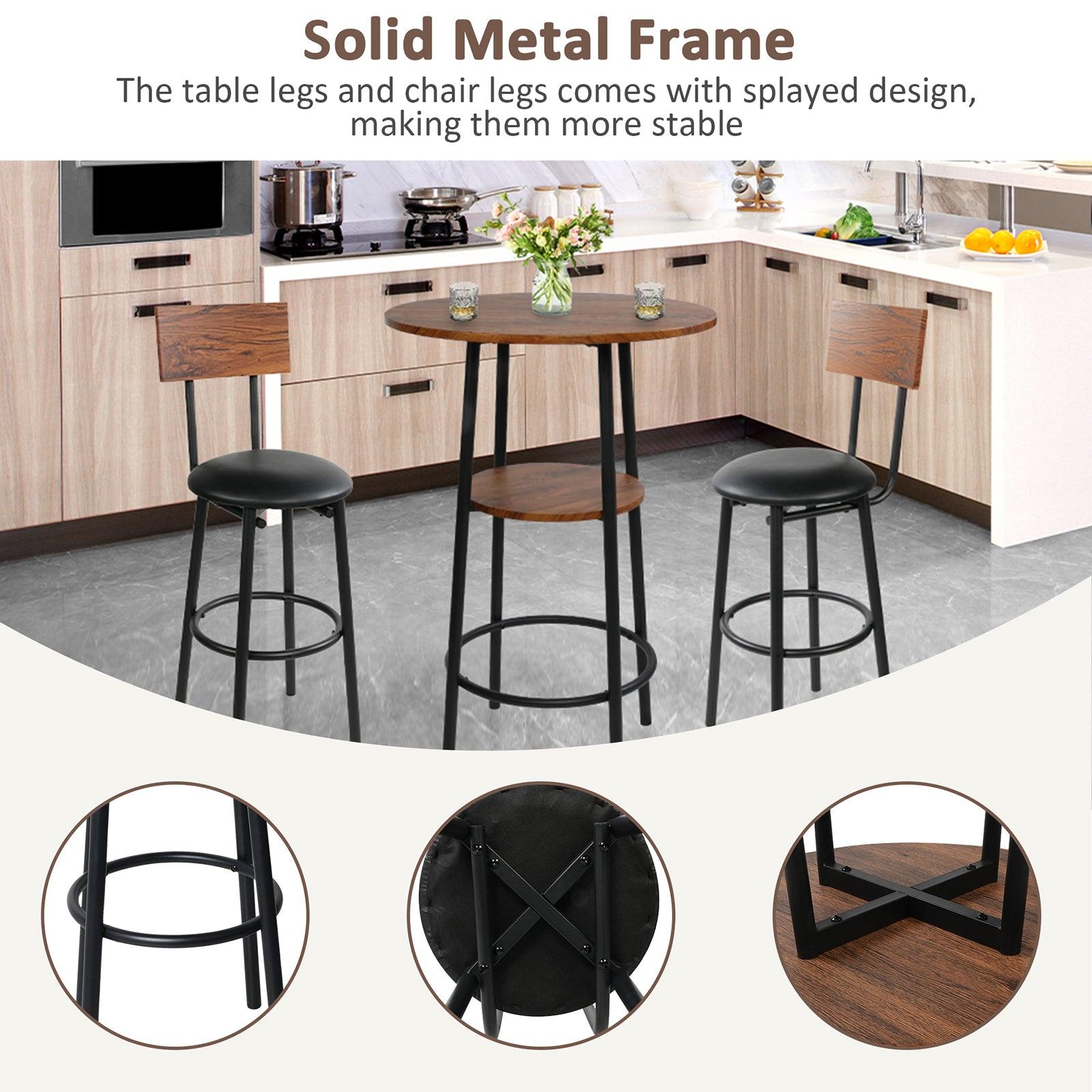 Round Bar Table and Chairs Set, 2-Tier Table and PU Upholstered Stools with Backrest - Bosonshop