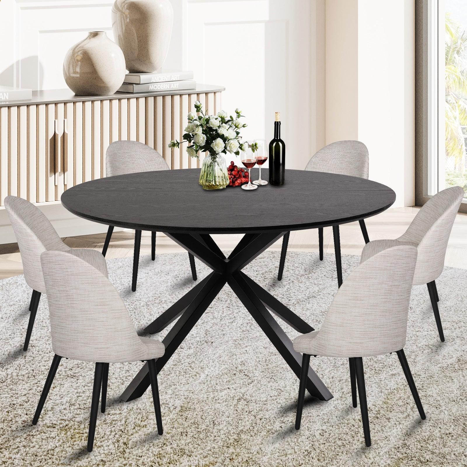 53" Mid-Century Modern Round Dining Room Table for 4-6 Person W/Solid Metal Legs, Black Wood Grain - Bosonshop