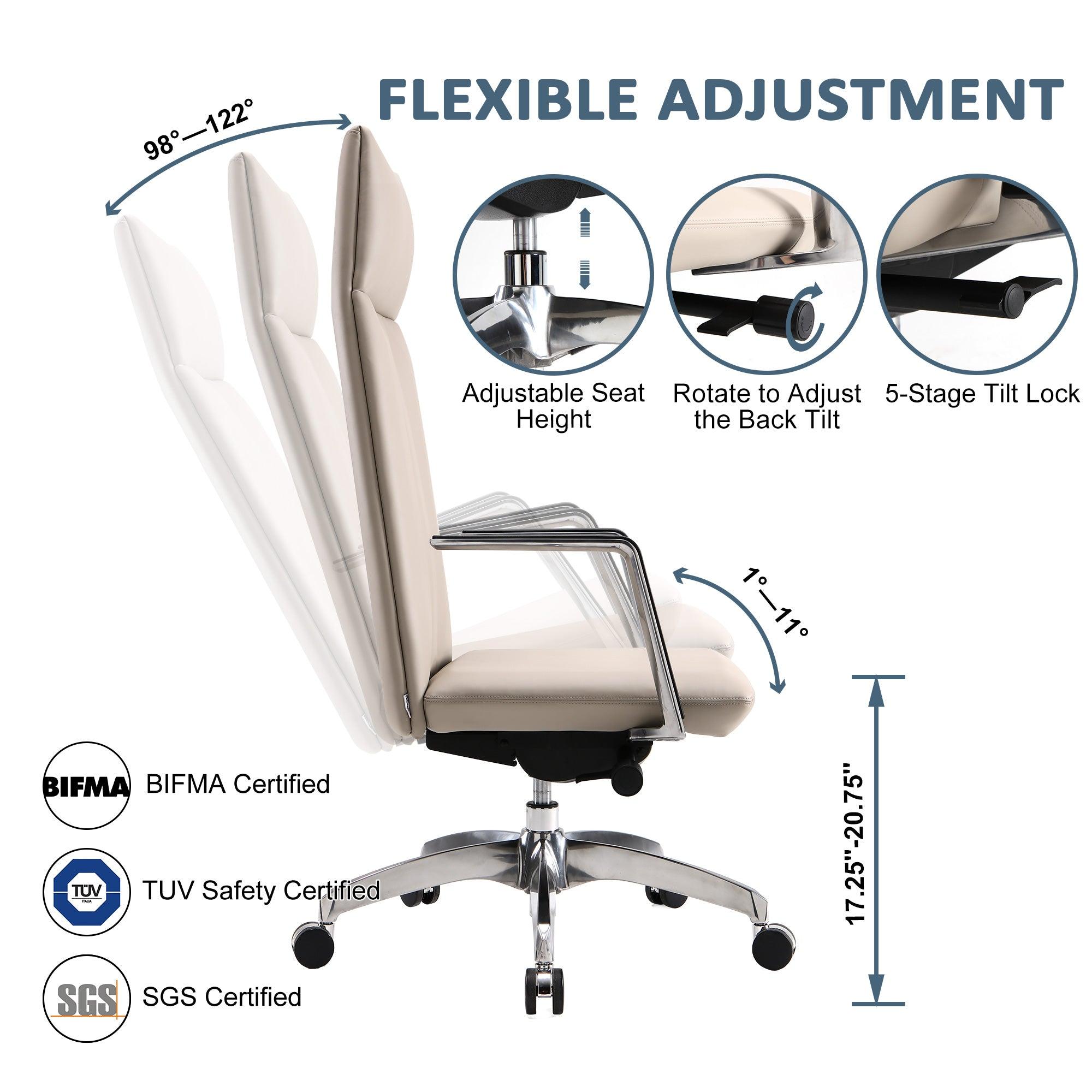 High Back Chair, Ergonomic Leather Office Chair, Office Chair with Adjustable Height and Tilt Function, 360° Swivel, Large Tall Computer Chair, White - Bosonshop