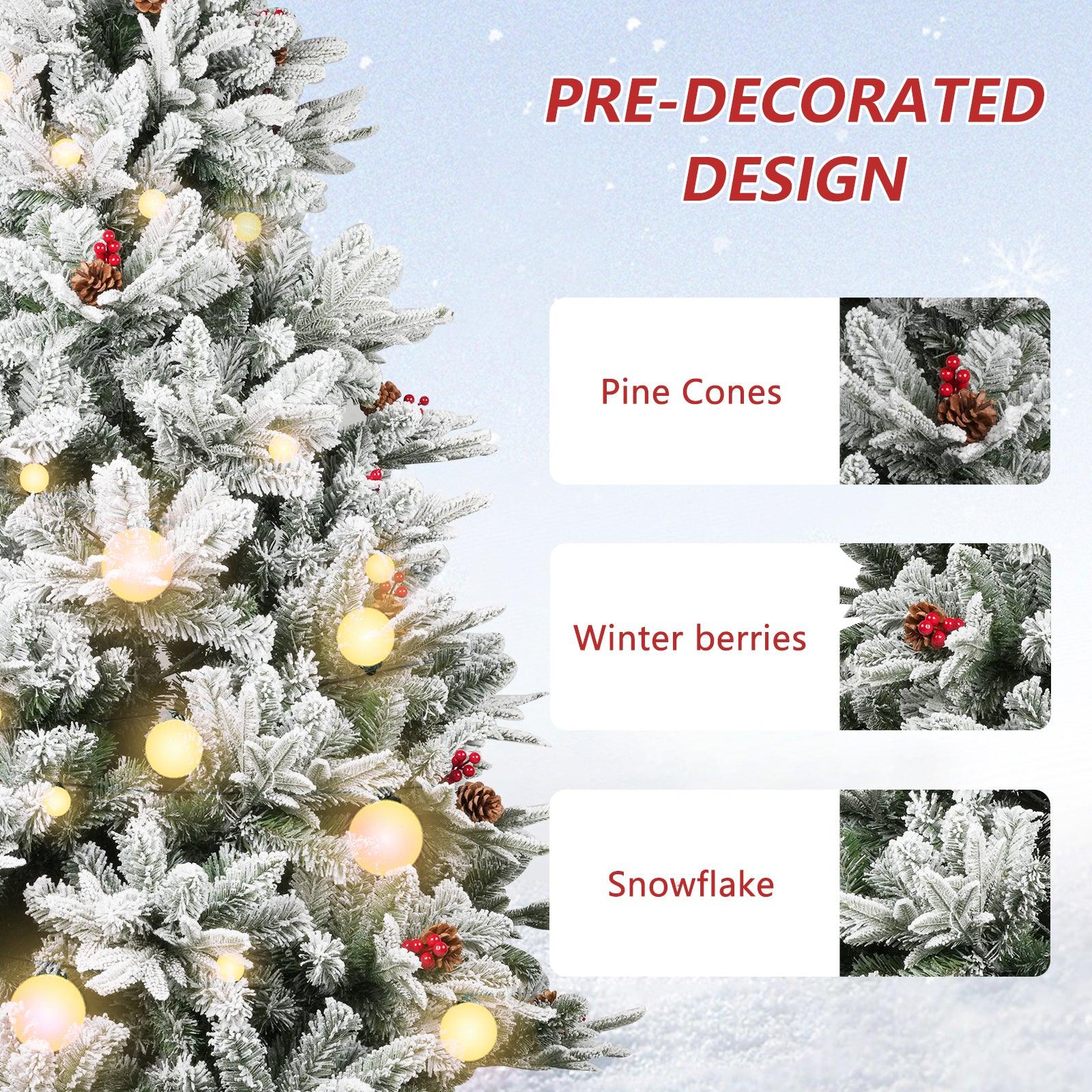 6.9' Artificial Christmas Tree Snow Flocked Xmas Tree with Pine Cones and Red Berries 1150 Branch Tips - Bosonshop