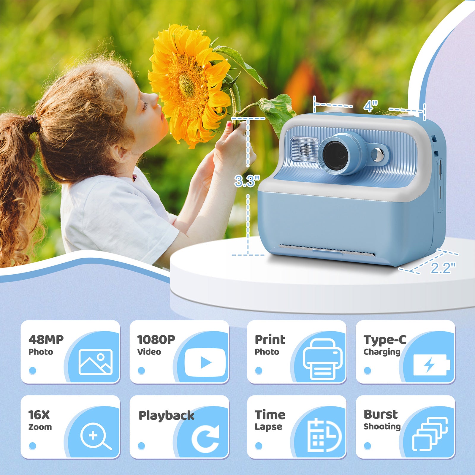 Instant Print Camera for Kids, Dual-Lens 48MP Digital Camera 2.4 Inch Screen with 3 Rolls Paper, Blue - Bosonshop