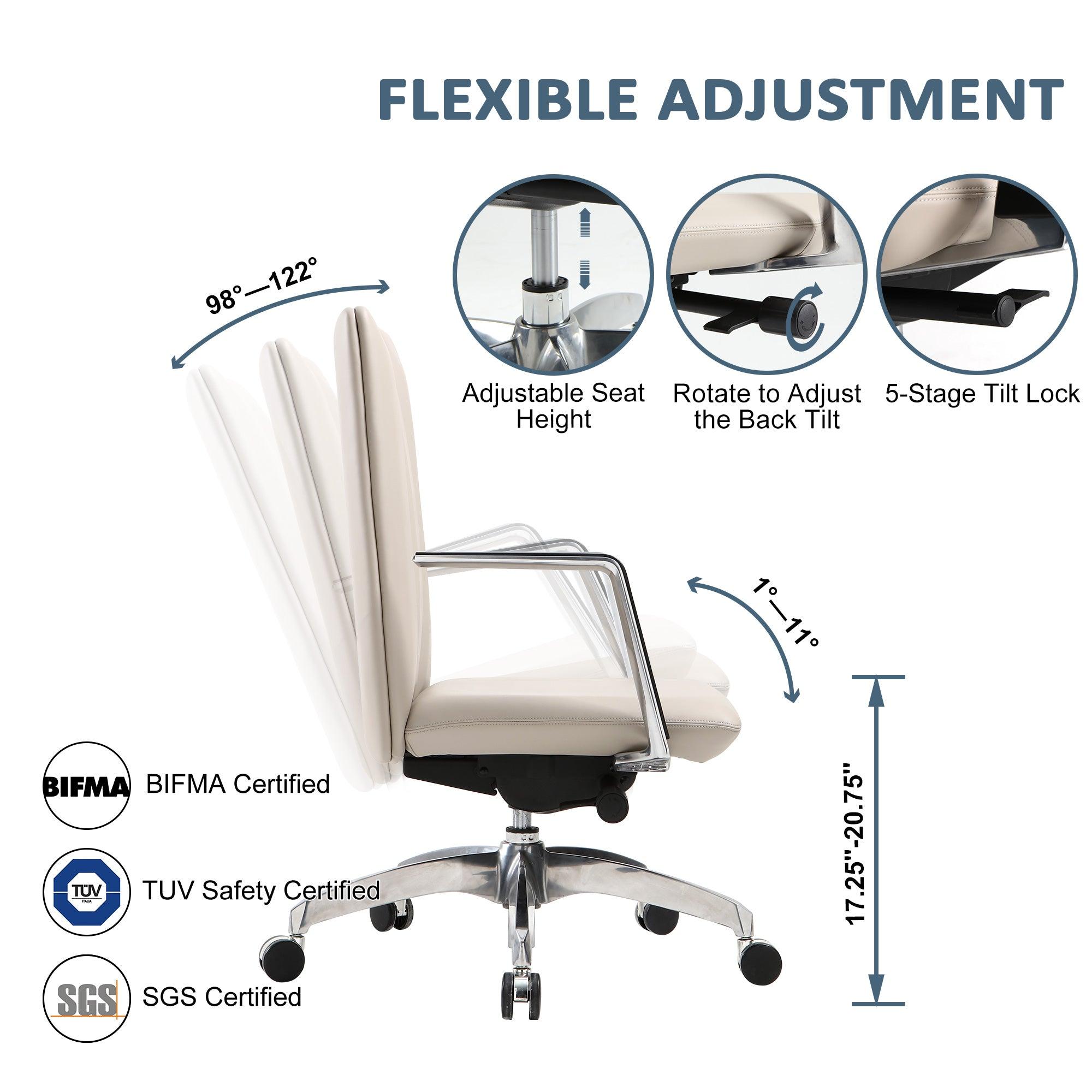 Low Back Chair, Ergonomic Leather Office Chair, Office Chair with Adjustable Height and Tilt Function, 360° Swivel, Large Tall Computer Chair, White - Bosonshop