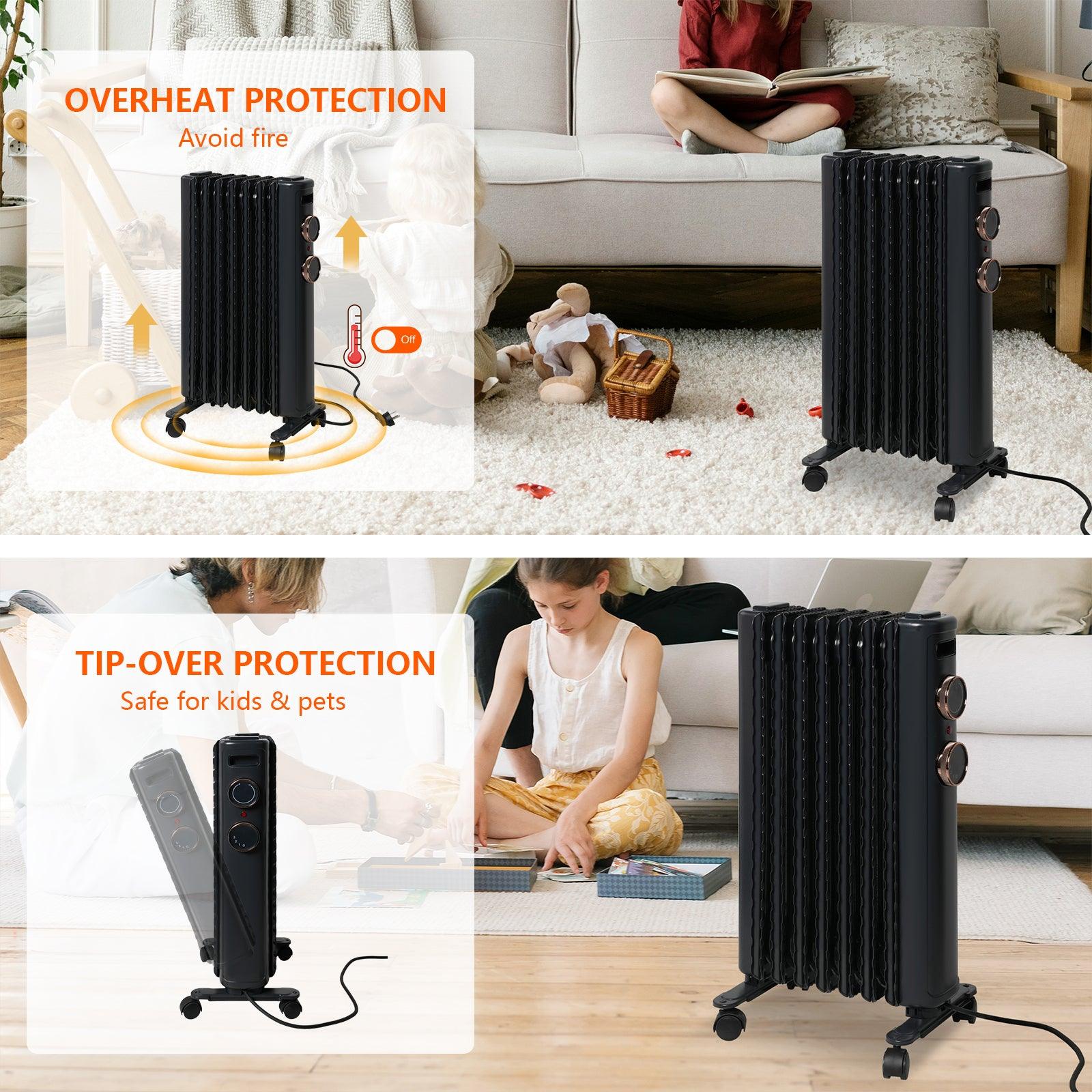 BOSONSHOP 1500W Portable Electric Radiator Oil Filled Heater With 3 Heating Modes, Adjustable Thermostat, Matte Black