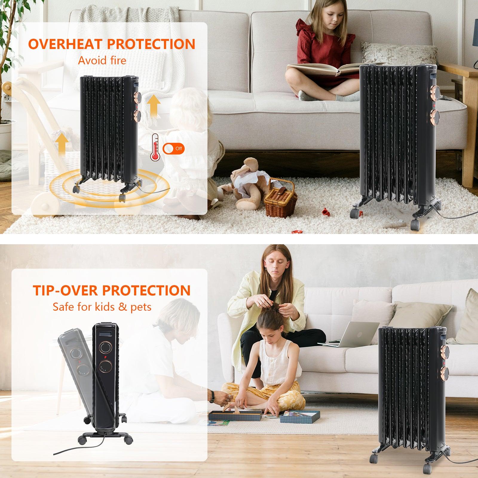 1500W Portable Electric Radiator Oil Filled Heater With 3 Heating Modes, Adjustable Thermostat, Black - Bosonshop