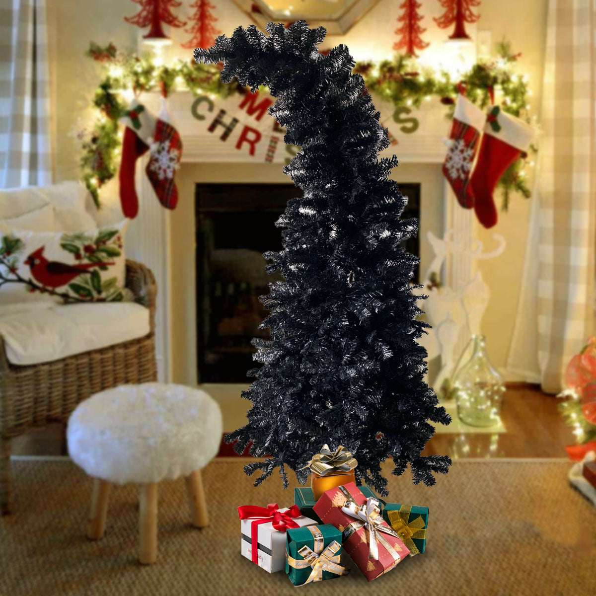 6.9ft Black Bendable Santa Hat Style Halloween Tree Artificial Christmas Tree Xmas, 1050 Branch Tips, Metal Frame - Bosonshop