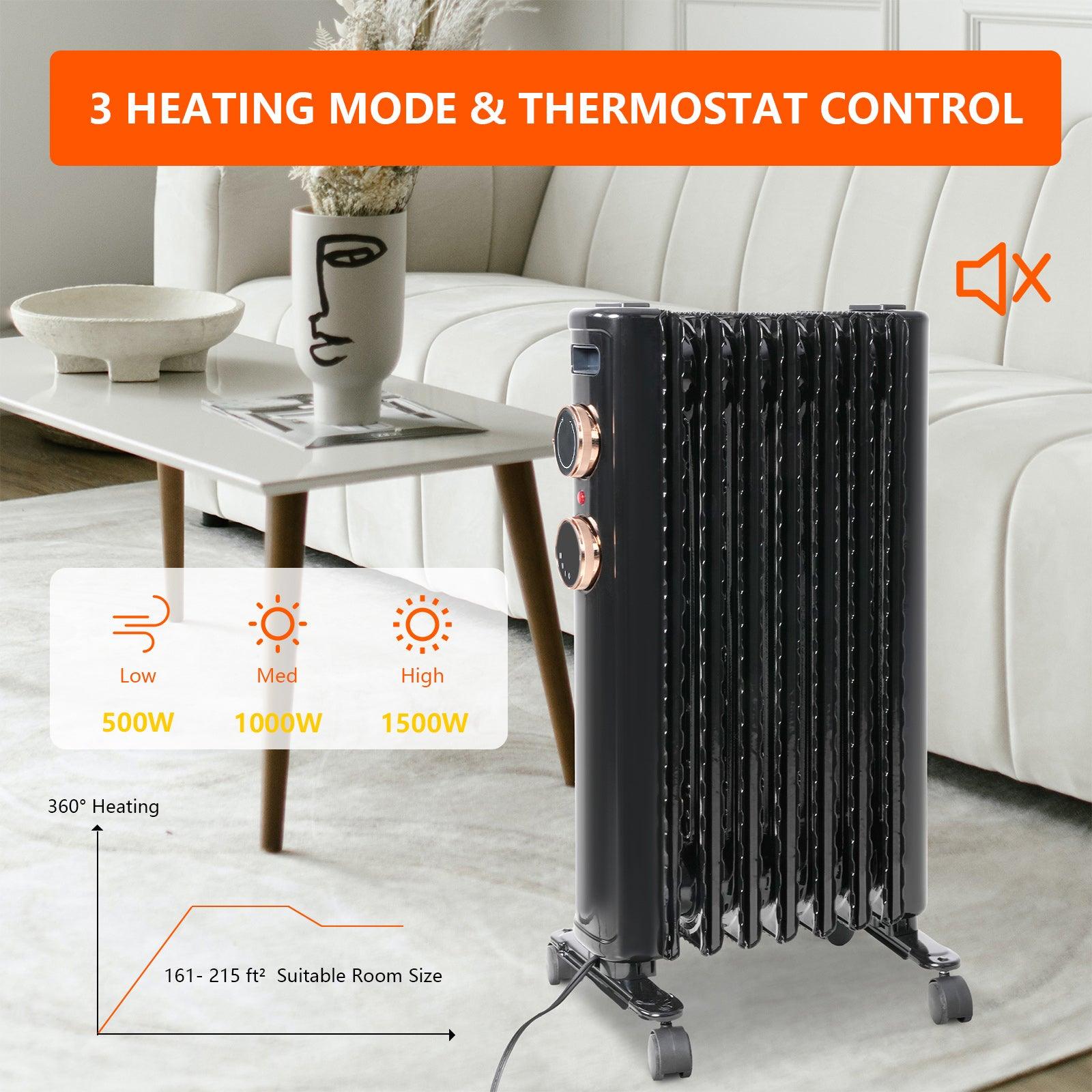 1500W Portable Electric Radiator Oil Filled Heater With 3 Heating Modes, Adjustable Thermostat, Black - Bosonshop