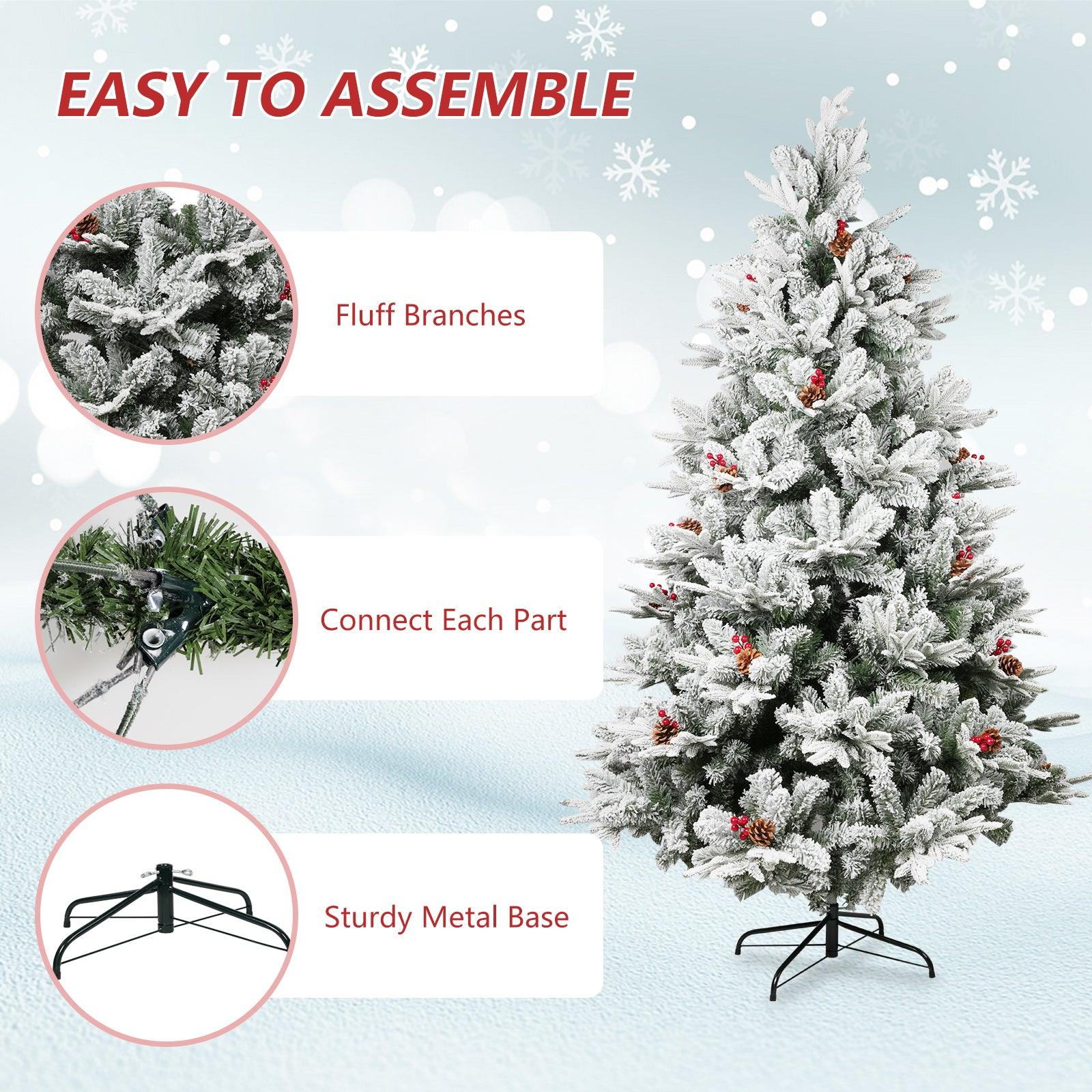 6.9' Artificial Christmas Tree Snow Flocked Xmas Tree with Pine Cones and Red Berries 1150 Branch Tips - Bosonshop