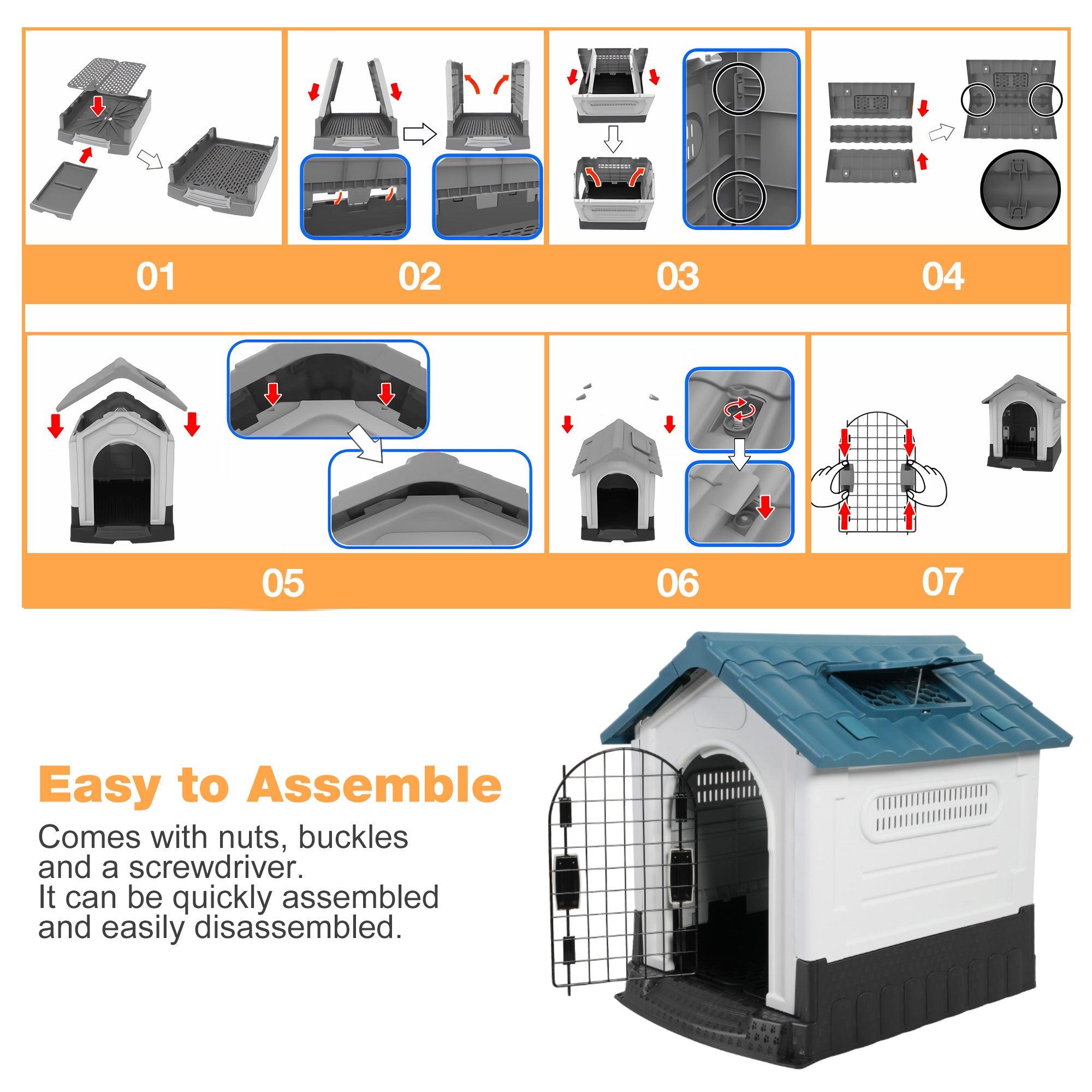 Outdoor Blue Sloped Roof 46.4" Height Large Dog House Plastic Waterproof Kennel with Air Vents - Bosonshop